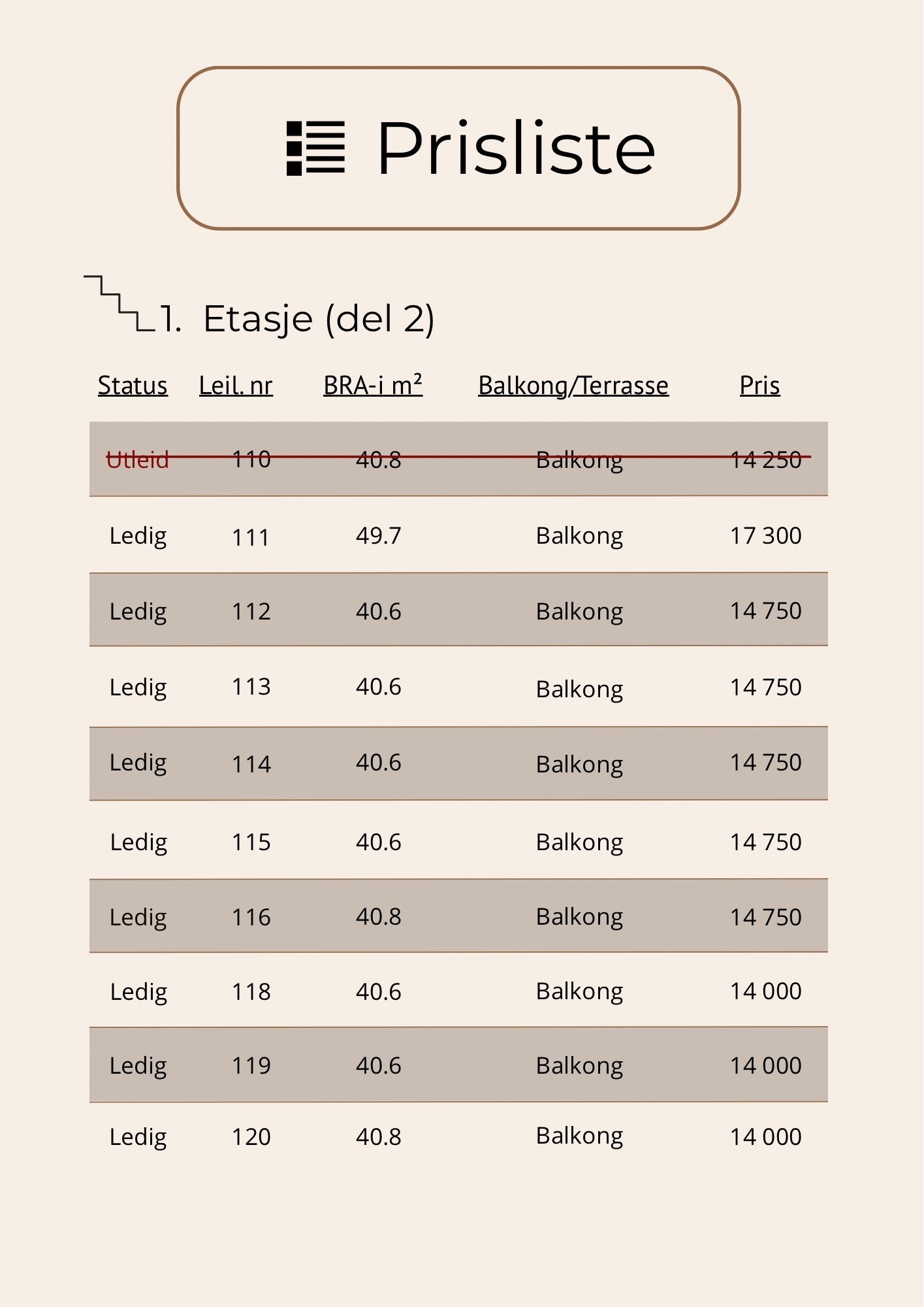 Prisliste 1. etg./ Bygg 2. Galleribilde