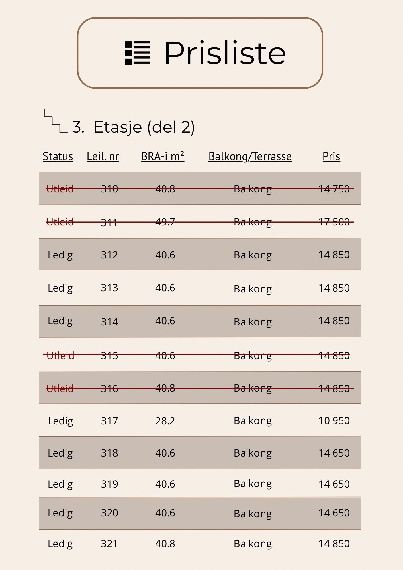 Prisliste 3. etg./ Bygg 2. Galleribilde