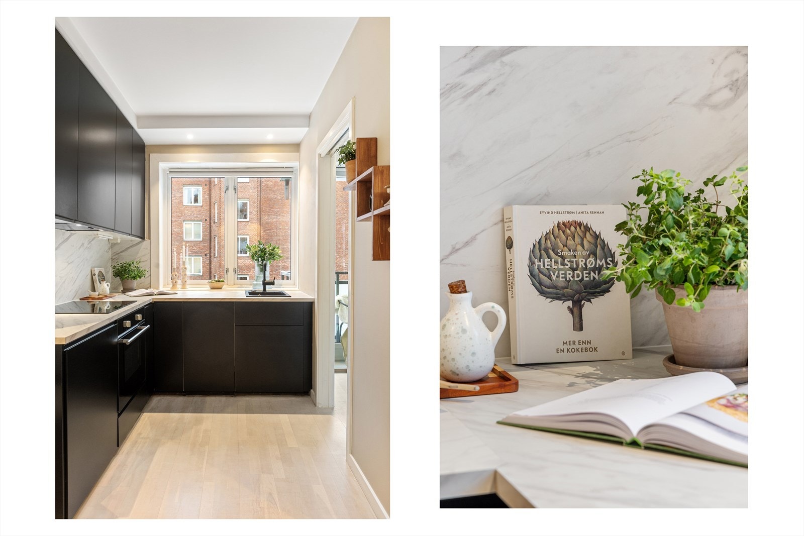 Kjøkkeninnredning med eldre kjøkkenskrog, men oppgradert med nye, glatte fronter og benkeplate i laminat. Galleribilde