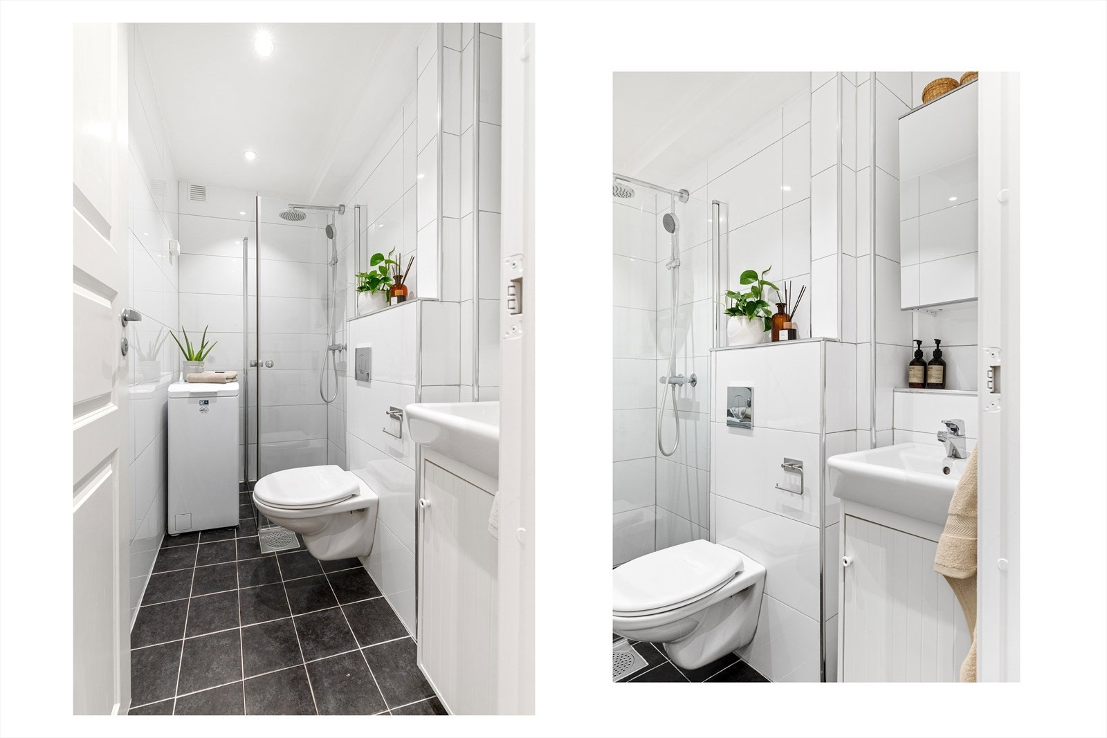 Flott, delikat bad pusset opp i 2015 (ifølge tidligere salgsoppgave). Badet har mørke fliser på gulv med gulvvarme, hvite fliser på vegg og downlights i himling. Galleribilde