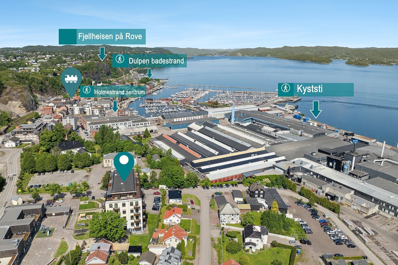 Her bor man meget sentral samtidig som man er tilbaketrukket fra byens støy. Rolig og veletablert område med gangavstand til sentrum, badestrender, restauranter, togstasjon, barnehage, butikker og populære turområder som Bassengparken og Fjordstien. Galleribilde