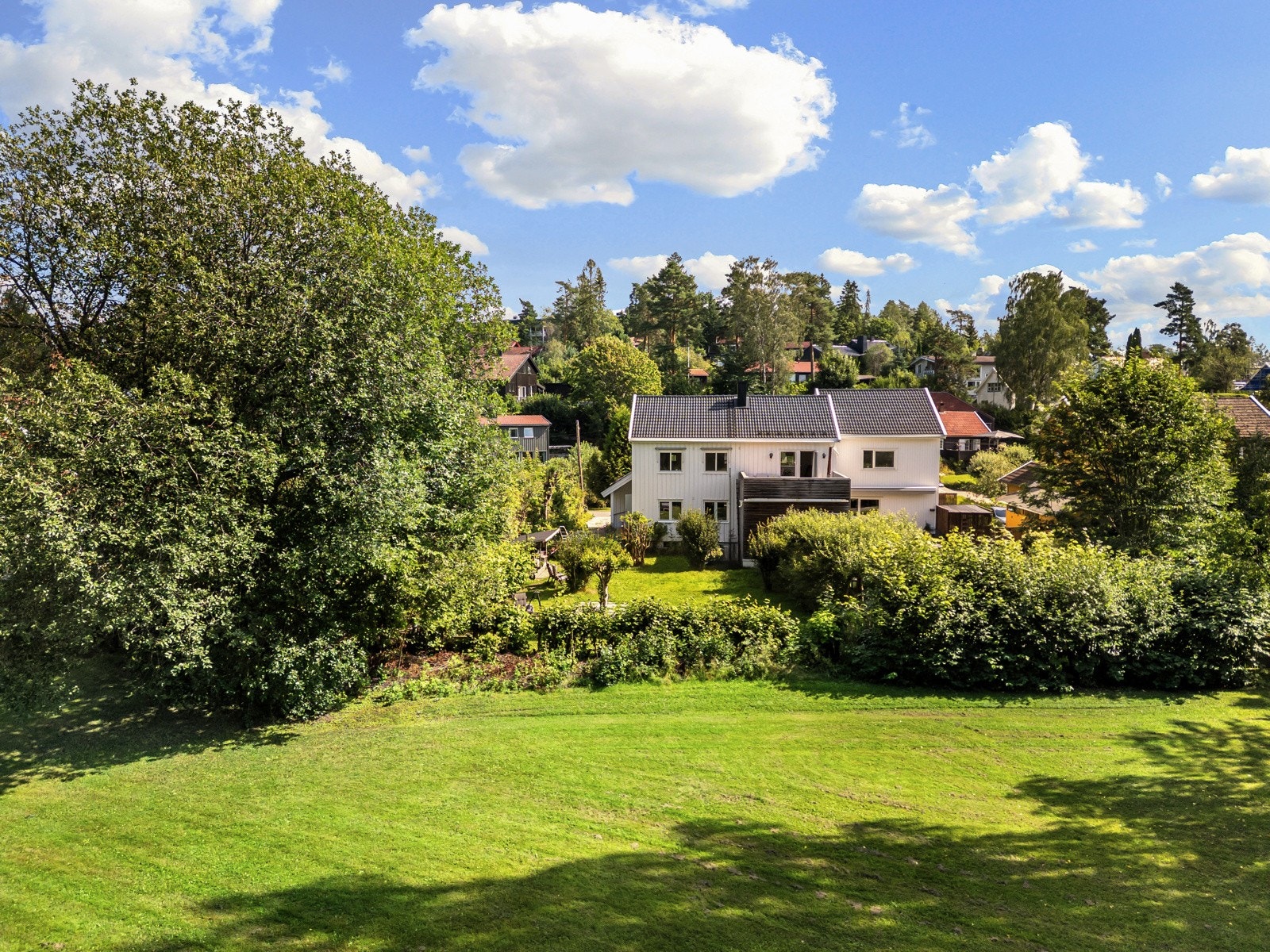 Flat og pent opparbeidet tomt med gressplen, busker og frukttrær. Galleribilde