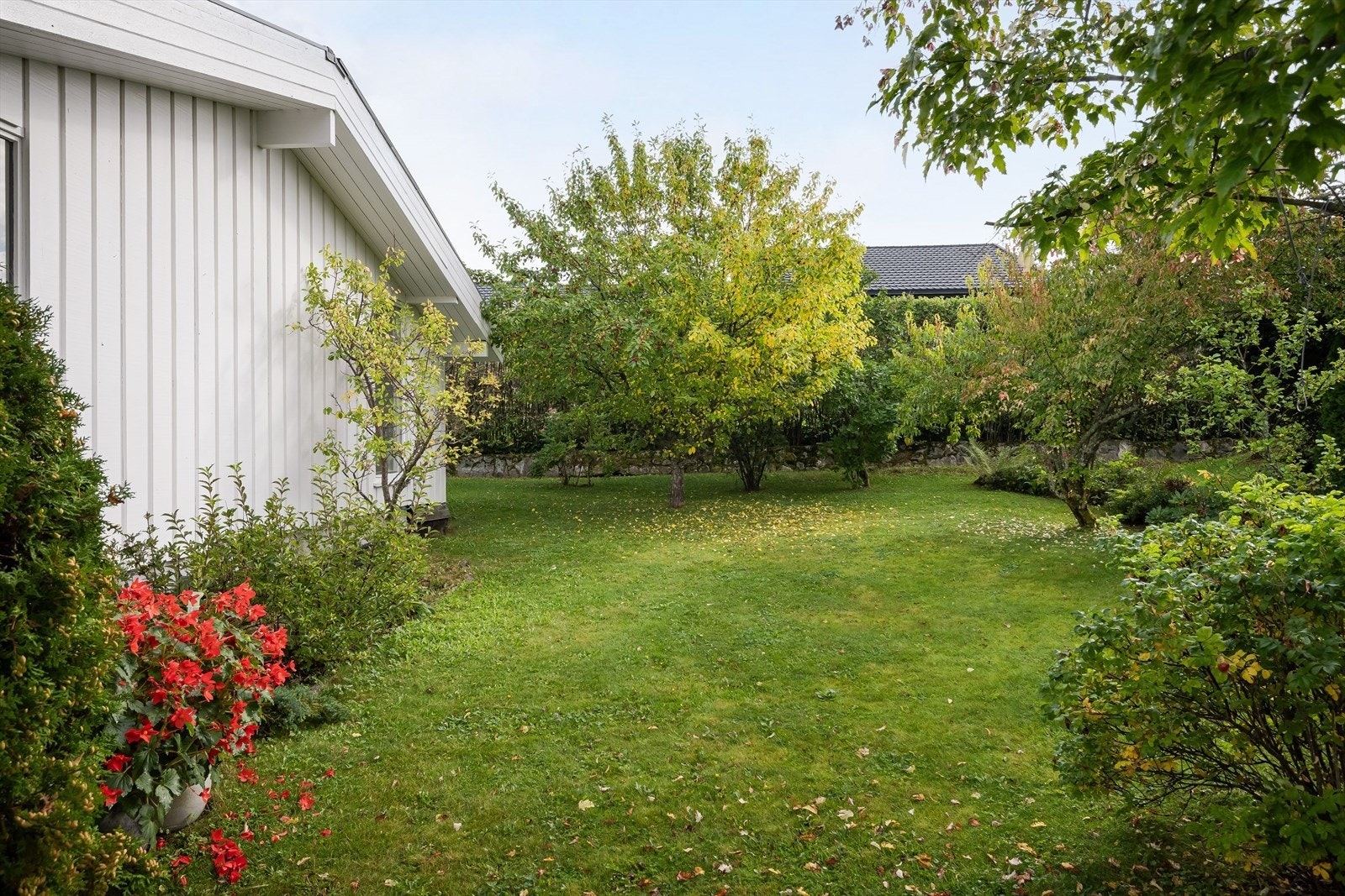 Hagen er opparbeidet med plen, beplantning og busker/hekk. Her er det god boltringsplass for både to- og firebeinte! Galleribilde