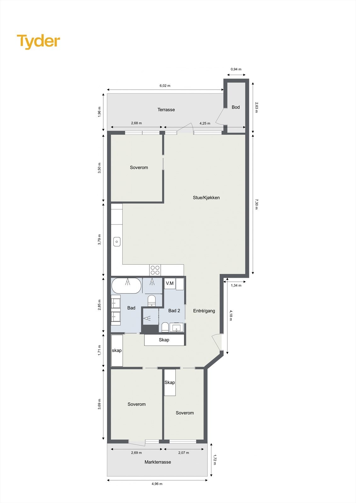 Plantegningen viser en arealeffektiv planløsning med tre soverom, to bad og to terrasser. Galleribilde