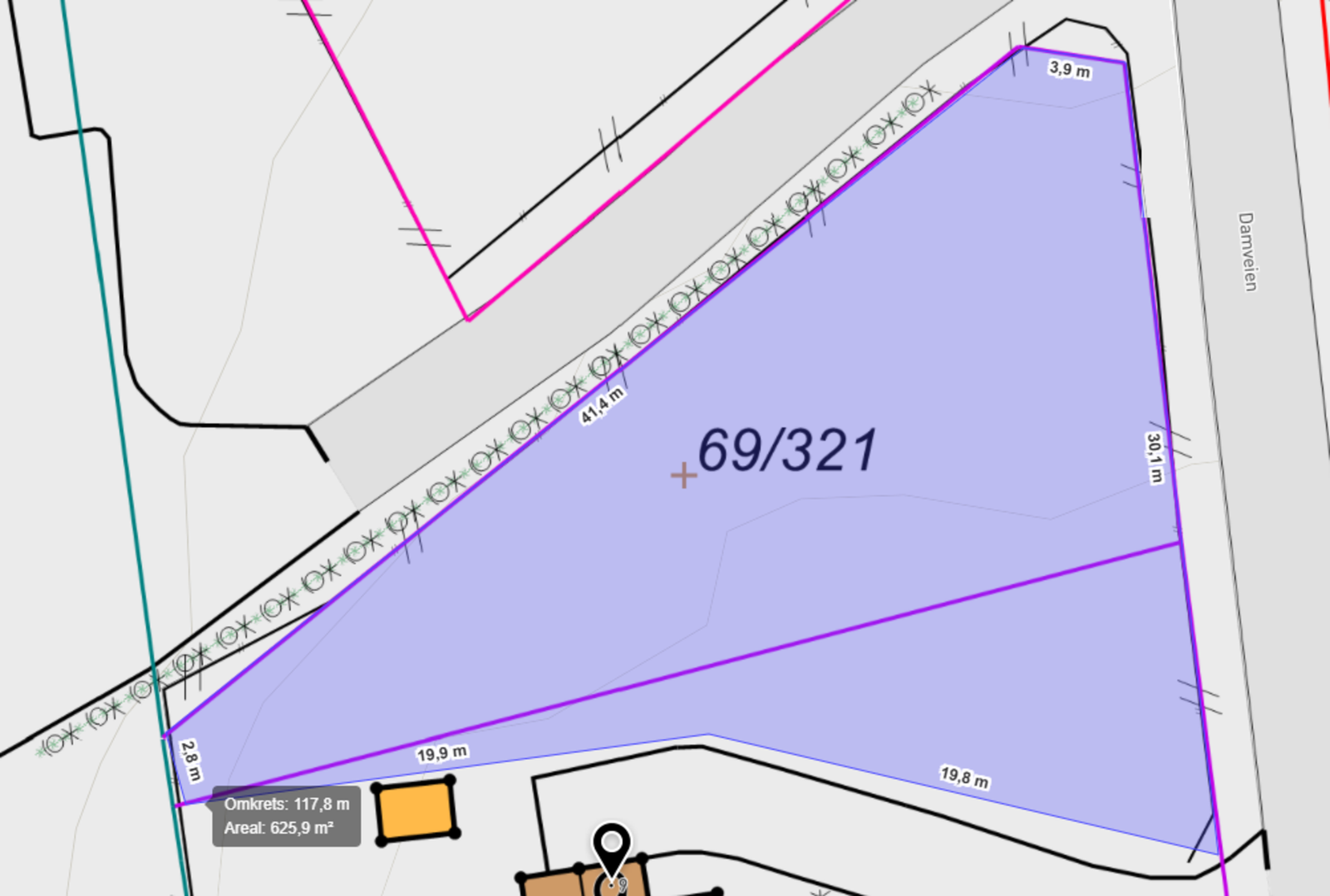 Utsnitt av tomten etter grensejustering (grensene er omtrentlig angitt). Galleribilde