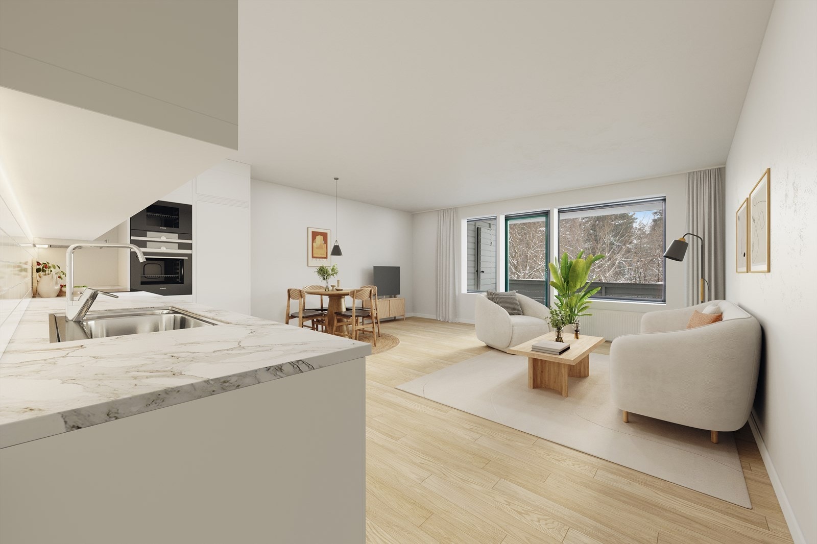 Illustrasjon av stue og kjøkken viser potensialet for en moderne, åpen løsning. Galleribilde