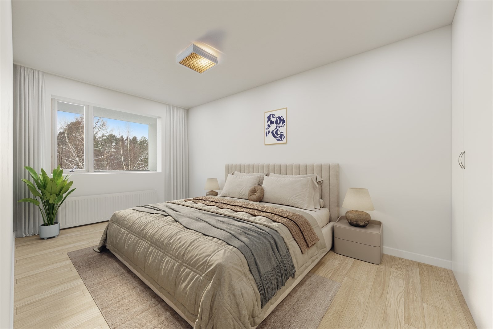 Illustrasjon av soverommet viser potensialet for en lys og innbydende atmosfære. Galleribilde