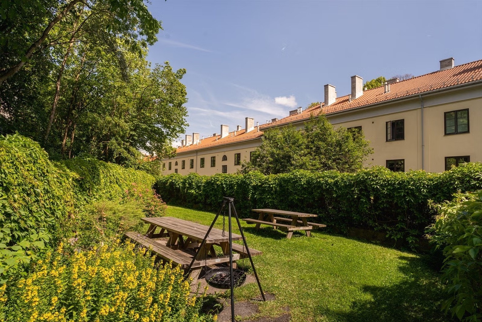Nydelig bakgård med sittgrupper, bålpanne og beplantning. Galleribilde