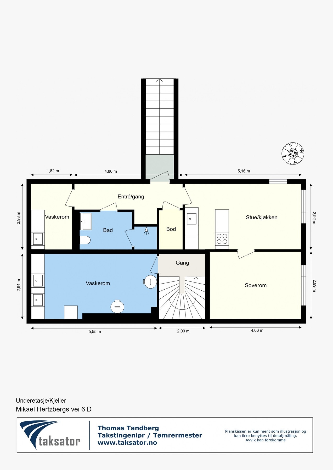 UNDERETASJE: Vaskerom (Hoveddel). Entré/gang, bod, baderom, vaskerom, soverom og stue med åpen kjøkkenløsning. (Hybeldel) Galleribilde