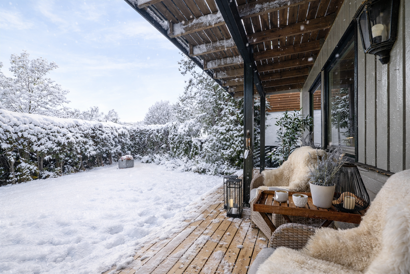 På bakkenivå er det i 2025 etablert ny terrasseplatting, med trykkimpregnerte materialer. Verandaen over fungerer som tak over denne sydvendte terrassen. (Bildet er Ai generert) Galleribilde