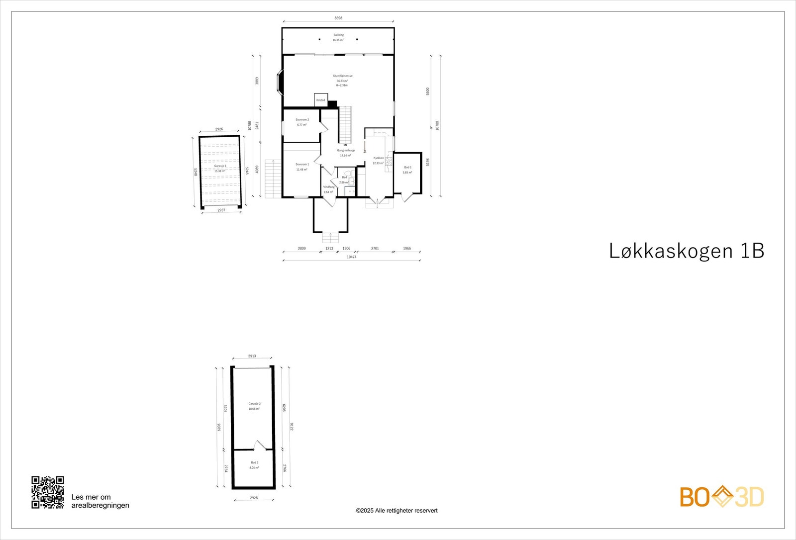 Plantegning hovedetasje inkludert boligens to garasjer Galleribilde
