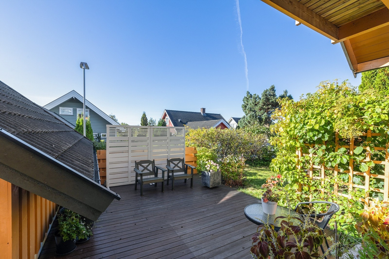 Terrasse med levegg og utgang til hagen. Galleribilde