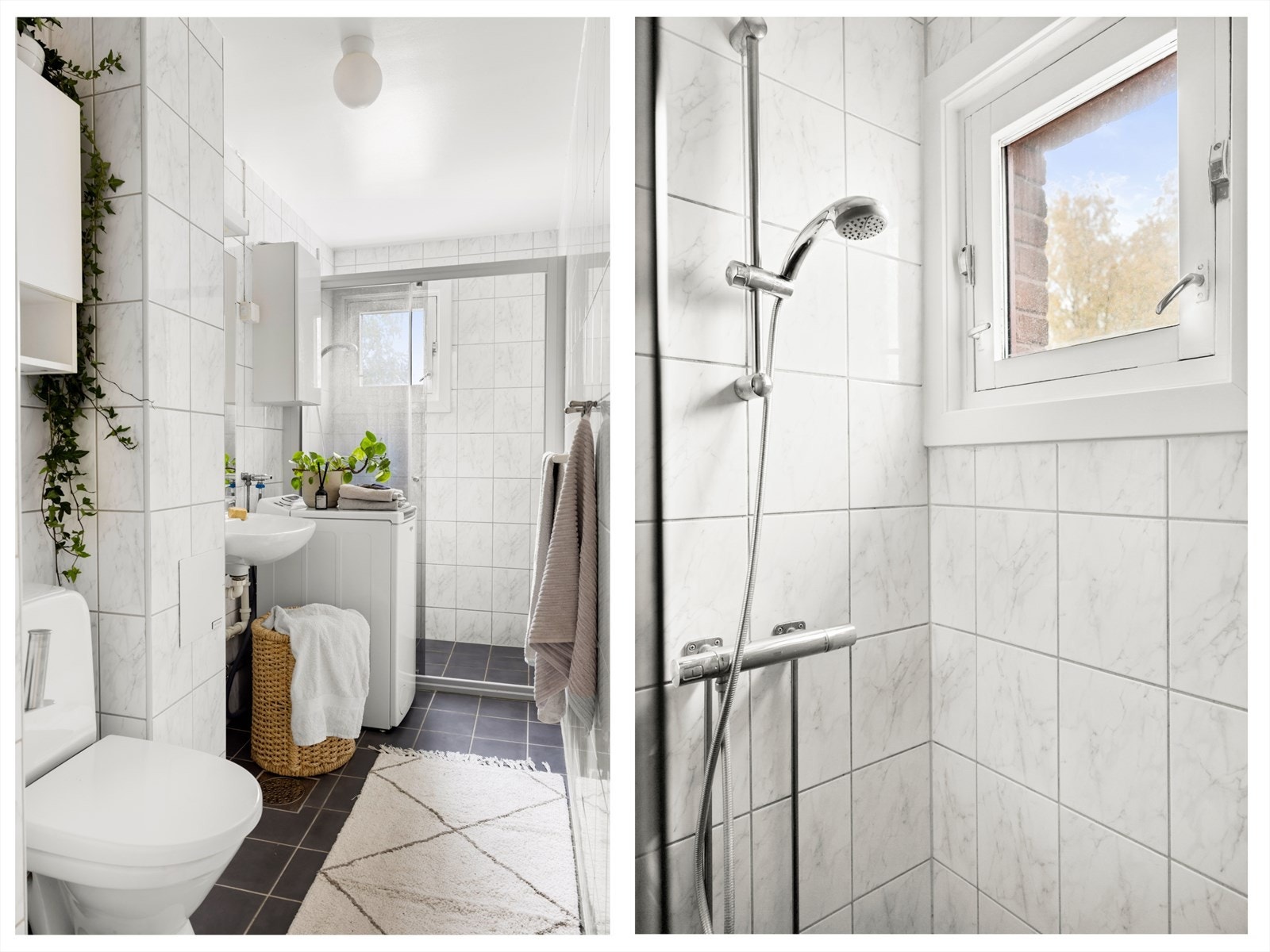 Badet har innredning med toalett, servant og dusjhjørne med skyvbare glassdører. Galleribilde