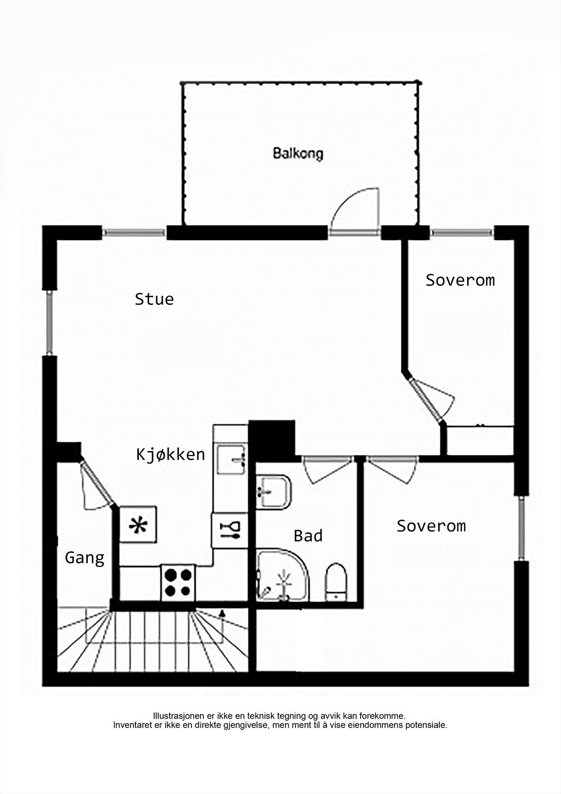 Planløsningen på 55 m² er arealeffektiv med to soverom og åpen stue- og kjøkkenløsning. Galleribilde