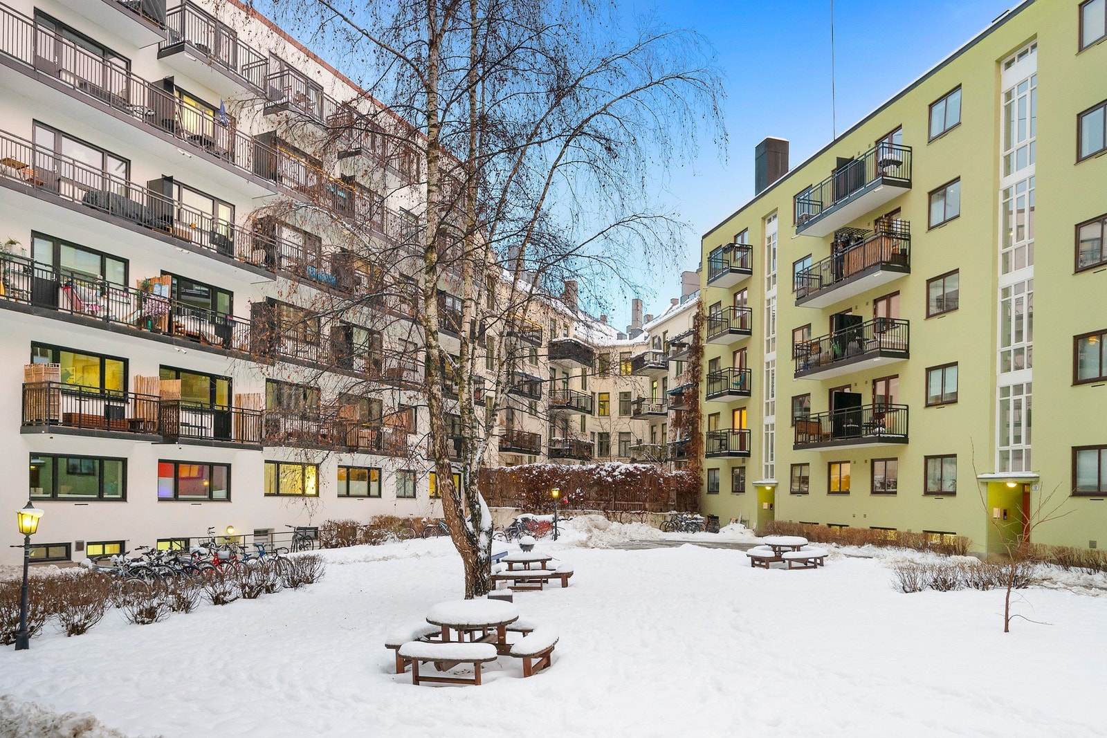 Trivelig bakgård med naturlige møteplasser og sittegrupper. Galleribilde