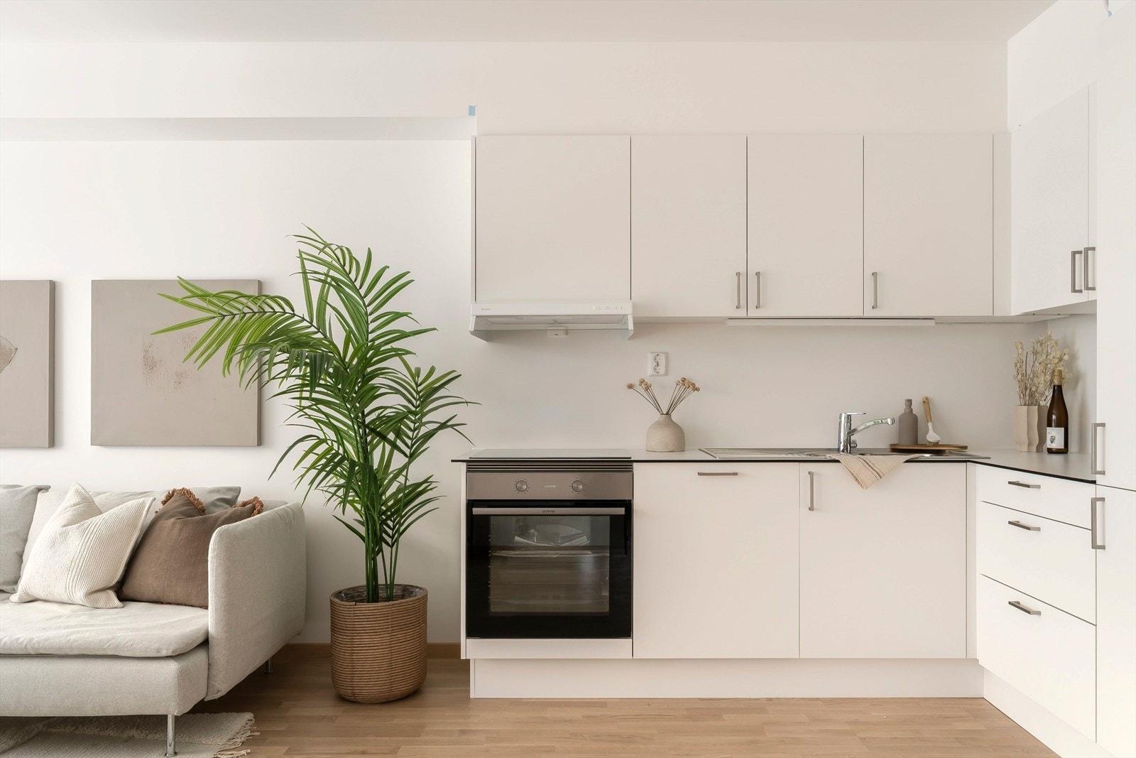 Kjøkkenet kommer med integrerte hvitevarer som oppvaskmaskin og kombiskap. Galleribilde