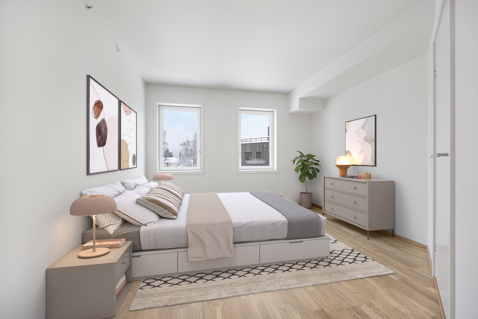 Hovedsoverommet har god plass til dobbeltseng. Forslag til møblering vist med digital styling. Galleribilde