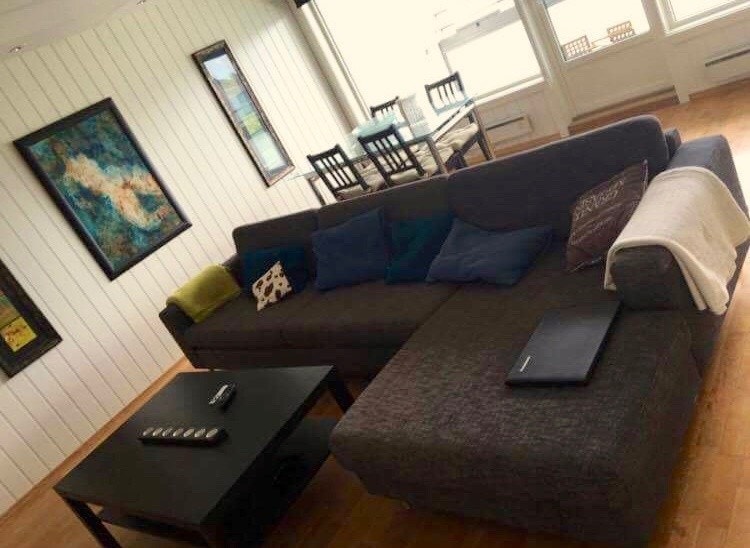 Stue med sofa og bord. Galleribilde