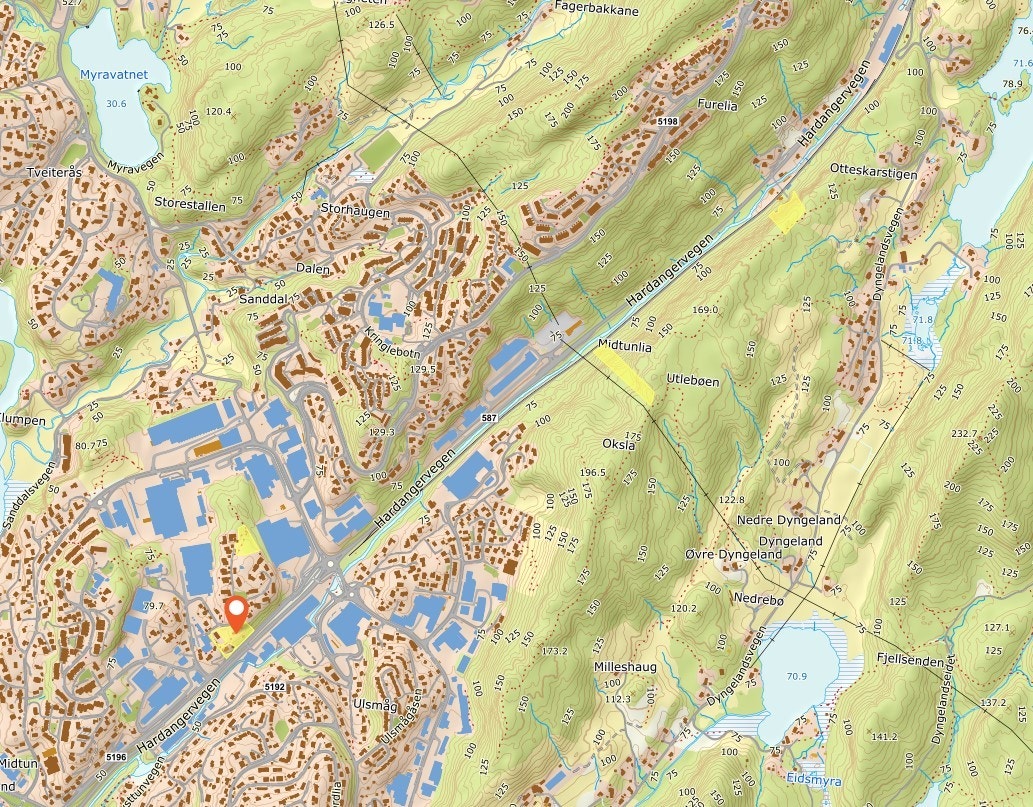 Oversiktsbilde fra norgeskart.no som viser 4 teiger. Galleribilde