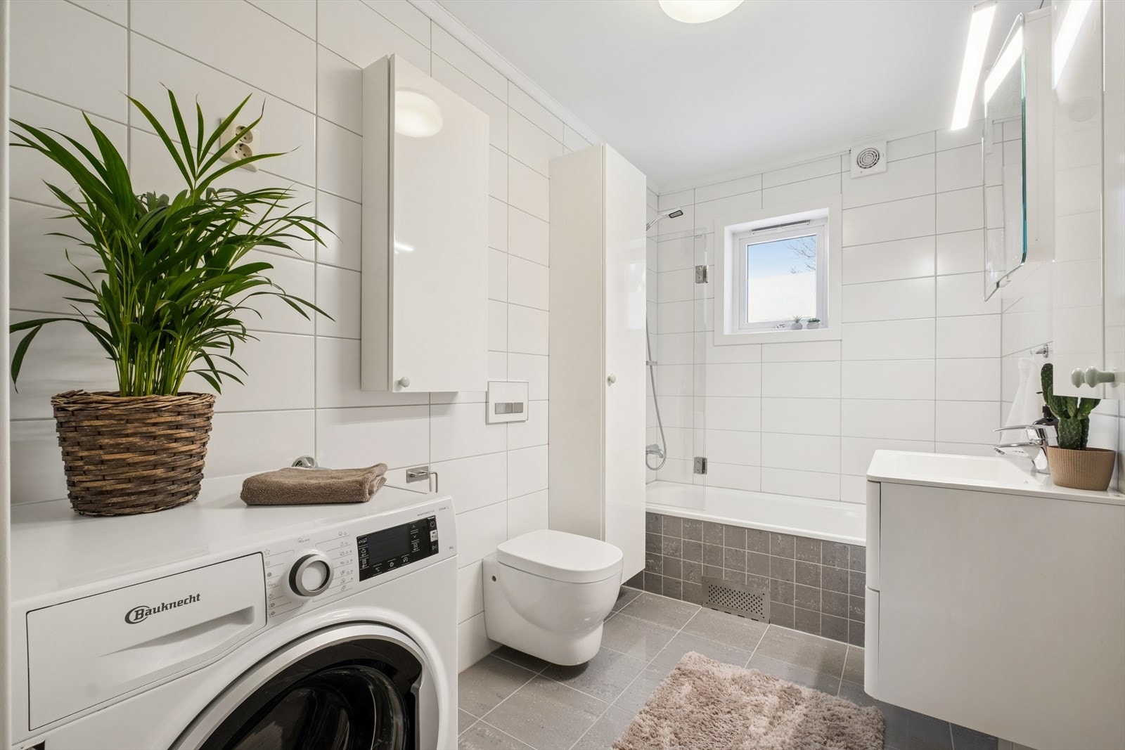 Her er det også vegghengt toalett og praktisk opplegg for vaskemaskin og tørketrommel. Galleribilde