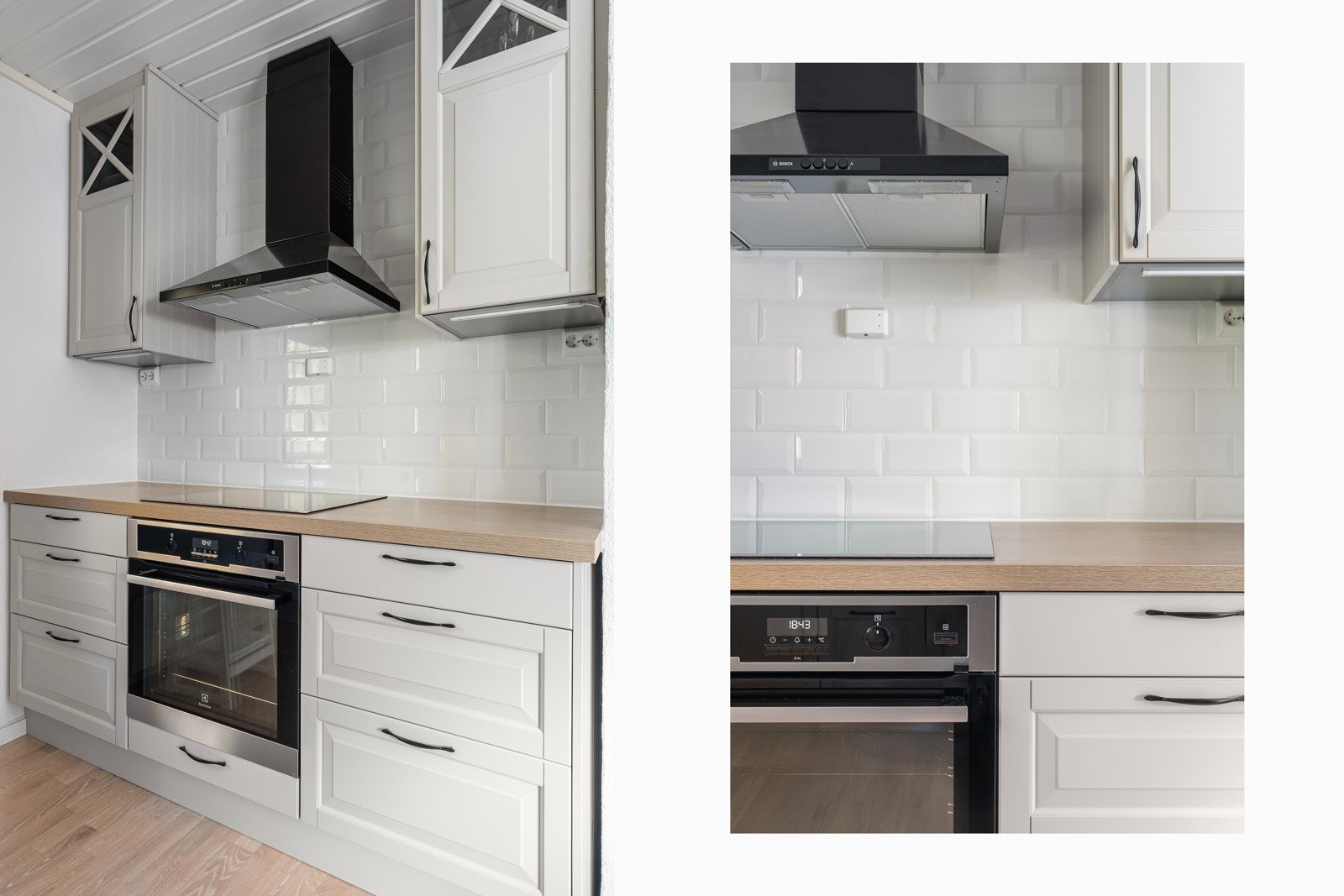 Kjøkkenet er utstyrt med integrerte hvitevarer som kjøl/fryseskap, oppvaskmaskin, induksjonstopp med komfyrvakt og stekeovn.