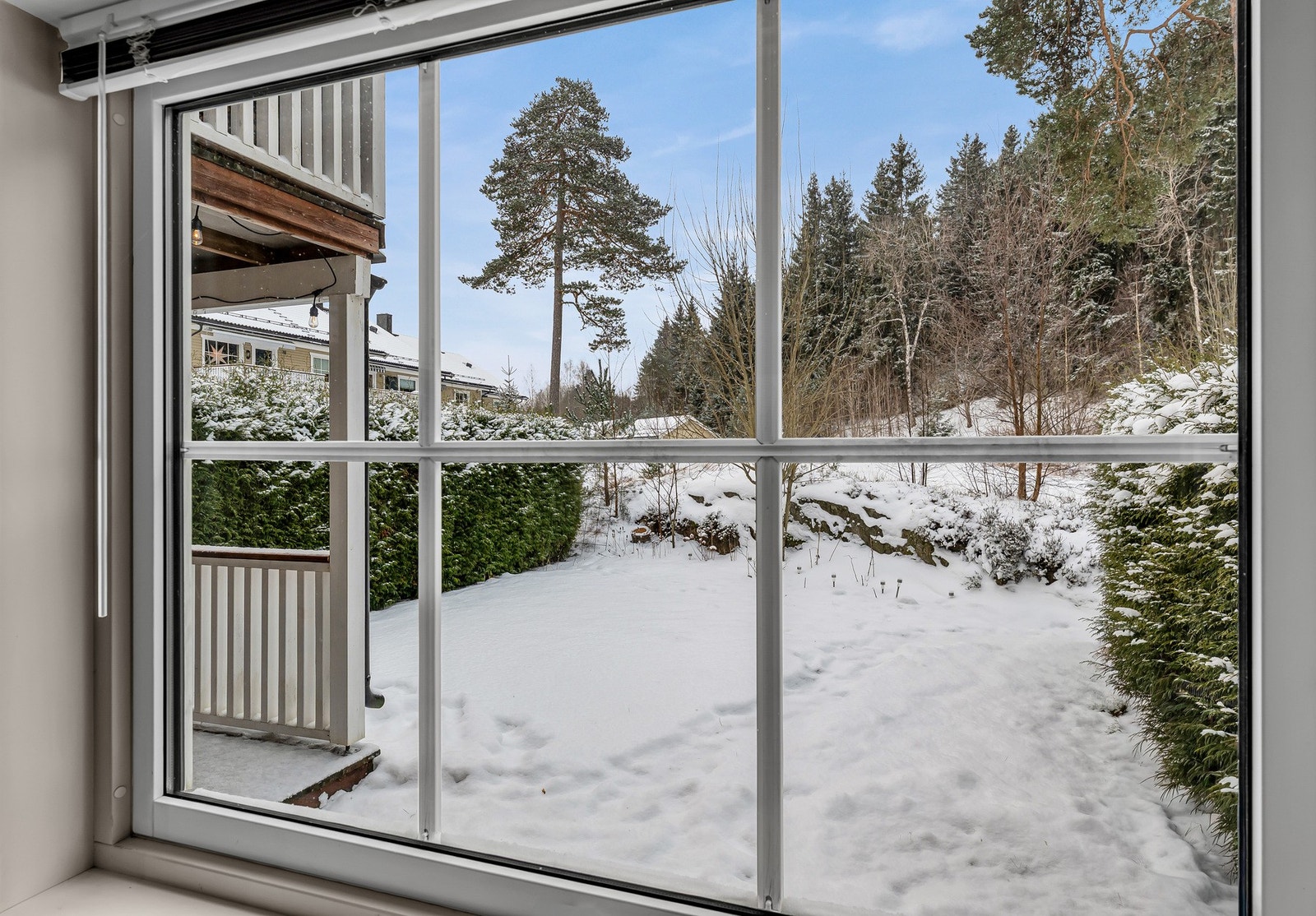 Store vindusflater med utsikt mot grøntarealer og naturtomt med fjell i dagen som gir skjermede omgivelser Galleribilde