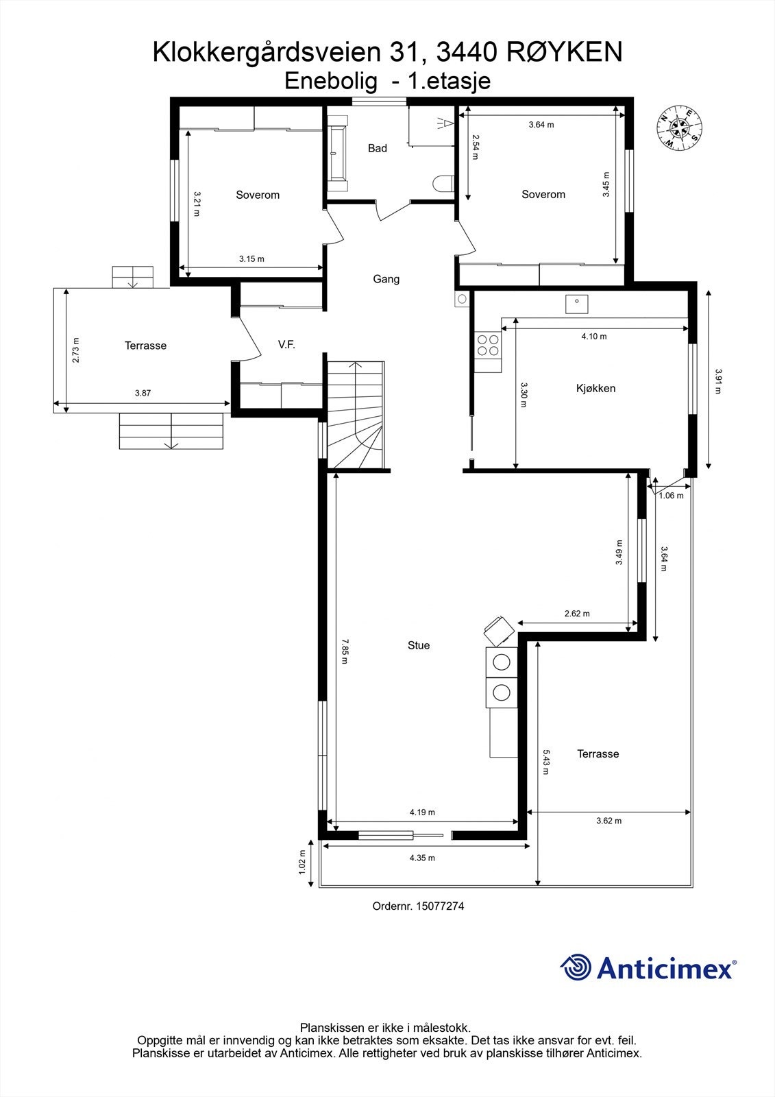 Plantegning for 1. etasje, som inneholder boligens sosiale sone, to soverom og et nytt bad. Galleribilde