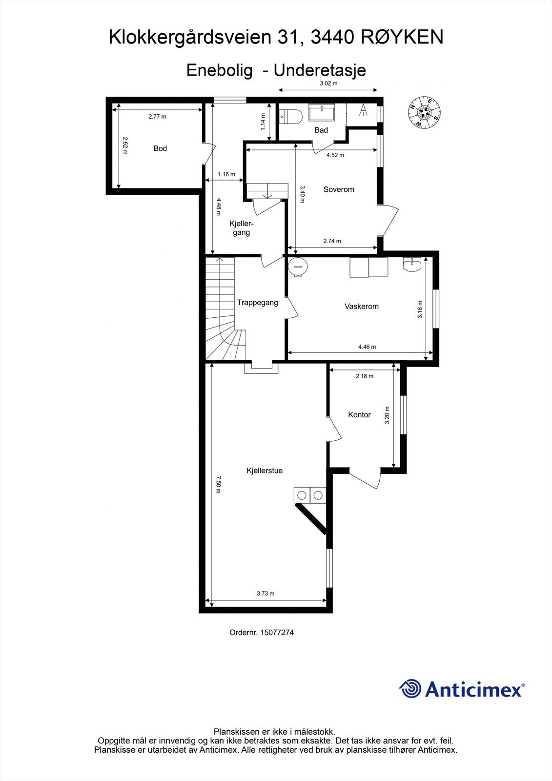 Plantegning for underetasjen, som byr på ekstra stue, soverom, kontor og våtrom. Galleribilde