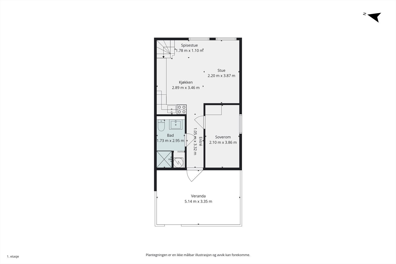 Leilighetens 1.etasje består av entré, kjøkken, stue, bad og soverom. Galleribilde