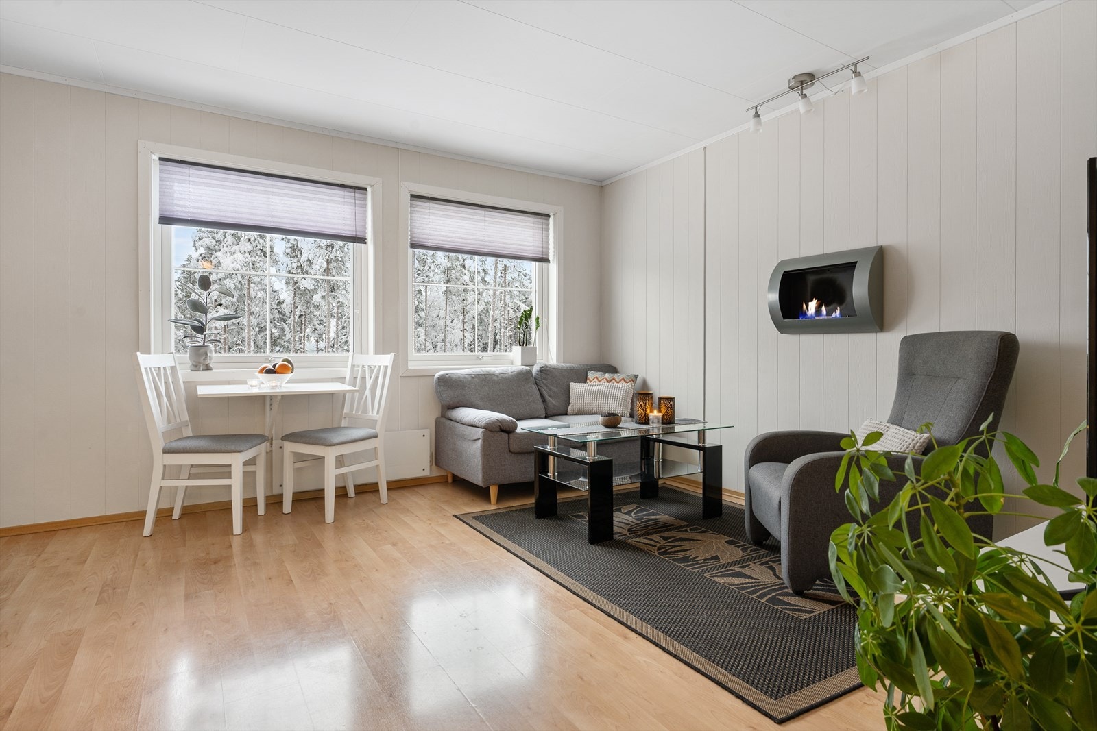 Det er montert biopeis på vegg og elektriske panelovner. Galleribilde