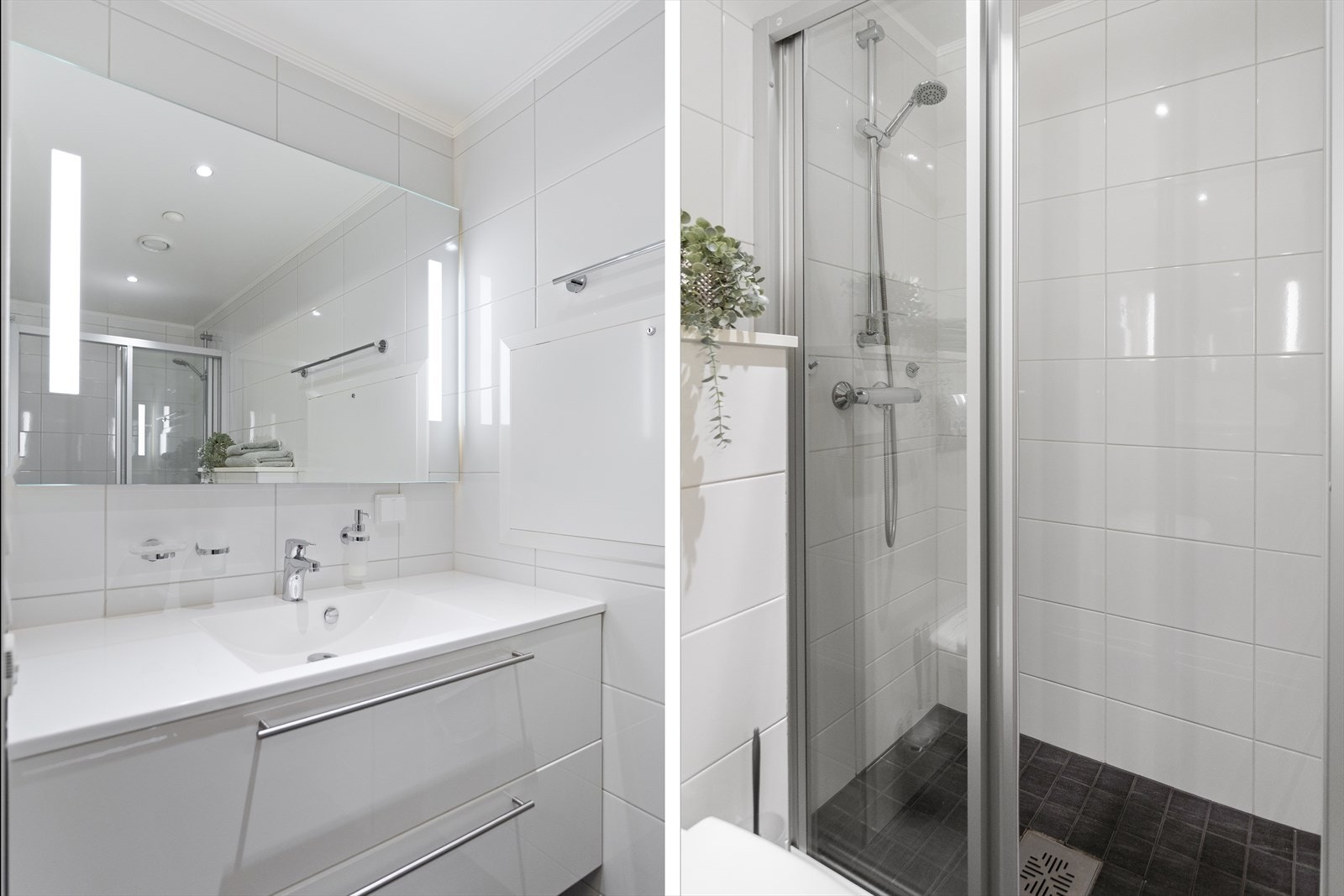 Hva er ikke mer behagelig enn å komme inn på et varmt, lunt og delikat bad på morgenen? Begge baderommene har flislagte vegger og flislagte gulv med elektrisk gulvvarme. Det minste baderommet ligger i tilknytning til hovedsoverommet. Galleribilde