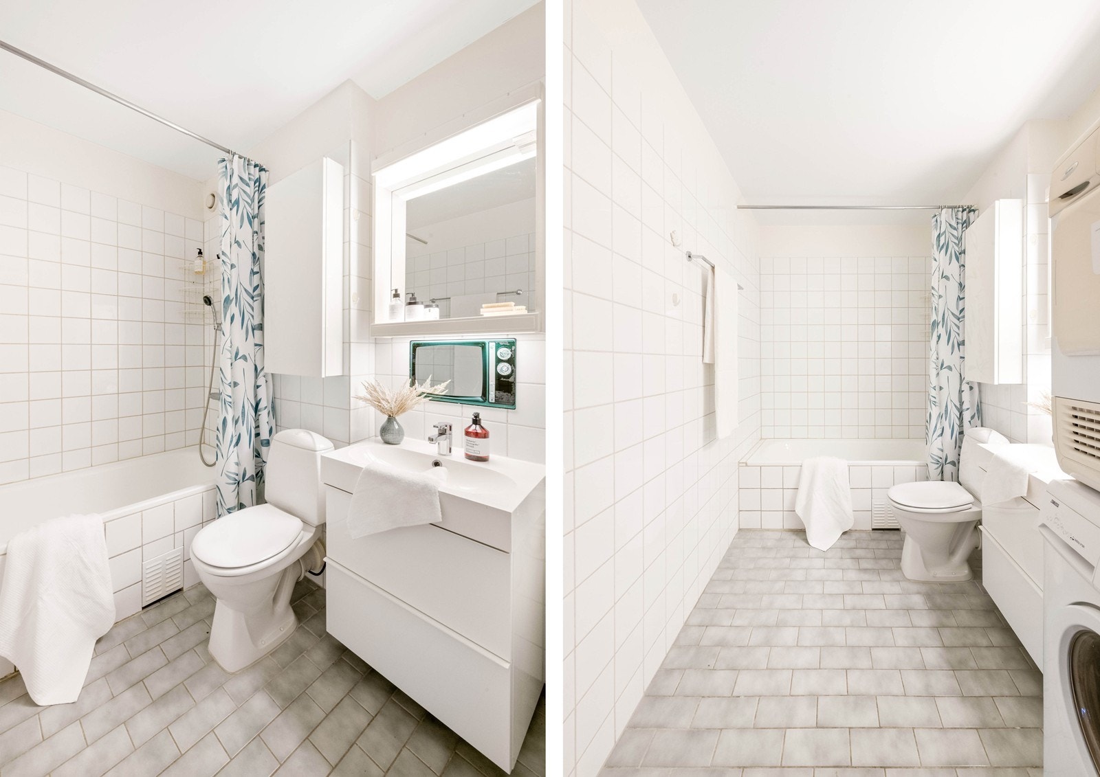 Originalt baderom fra 2000 med varme i gulv. Fliser går under badekar Galleribilde