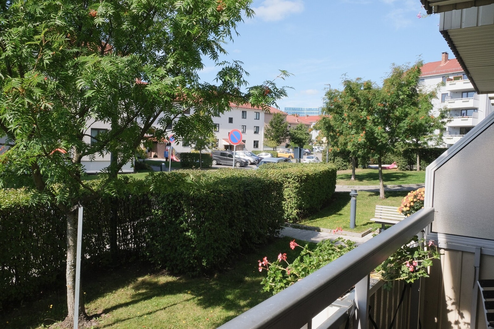 En fin grønn hekk sørger for en følelse av privatliv og hindrer innsyn fra gaten. Galleribilde