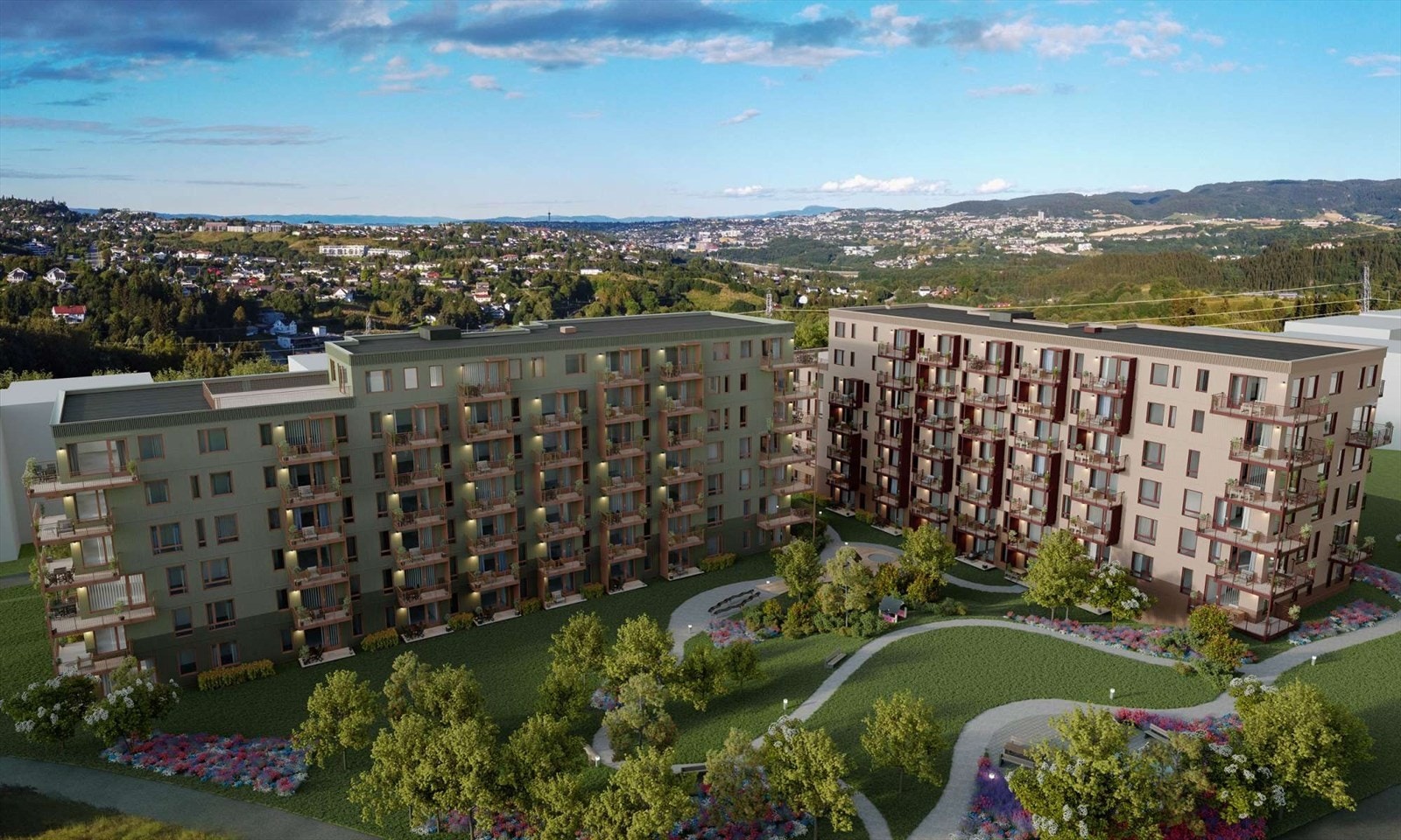 Utsikt ut mot felles parkanlegg fra boligen. Illustrasjonsbilde av prosjektet. Avvik vil forekomme. Galleribilde