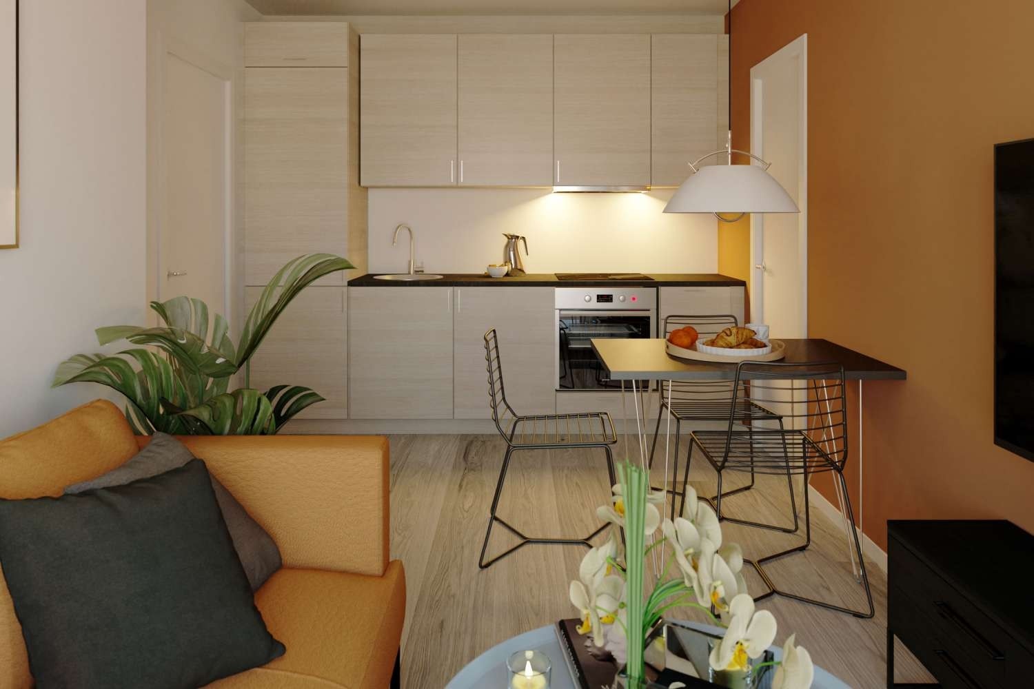 Oppholdsrommet har en størrelse på ca. 15 m². Kjøkkeninnredning leveres av Optimera, type Aubo Unik med hvite fronter. Illustrasjonsbilde. Avvik vil forekomme. Galleribilde