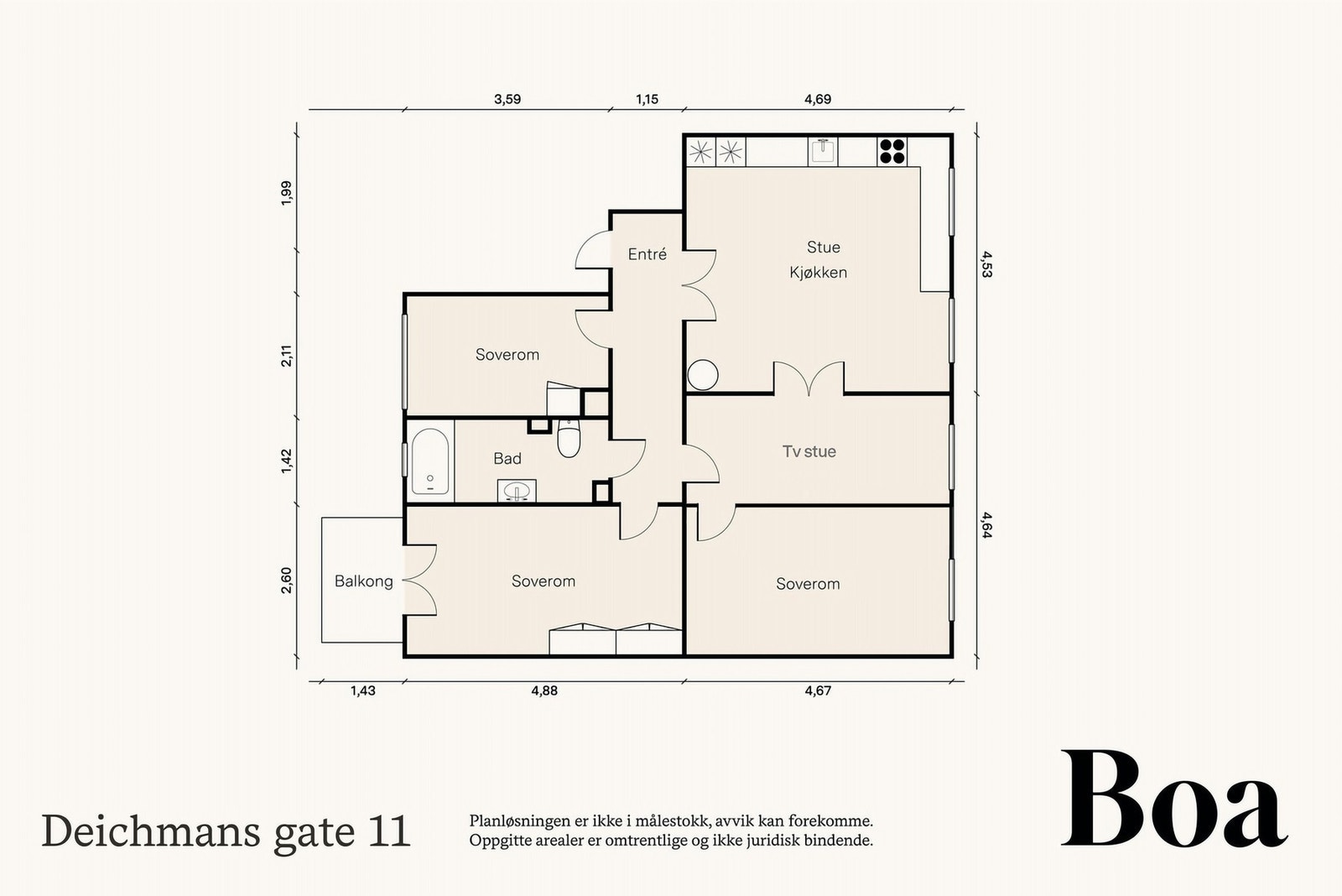 Alternativ planløsning med et tredje soverom og tv-stue tilknyttet kjøkkenet. Galleribilde