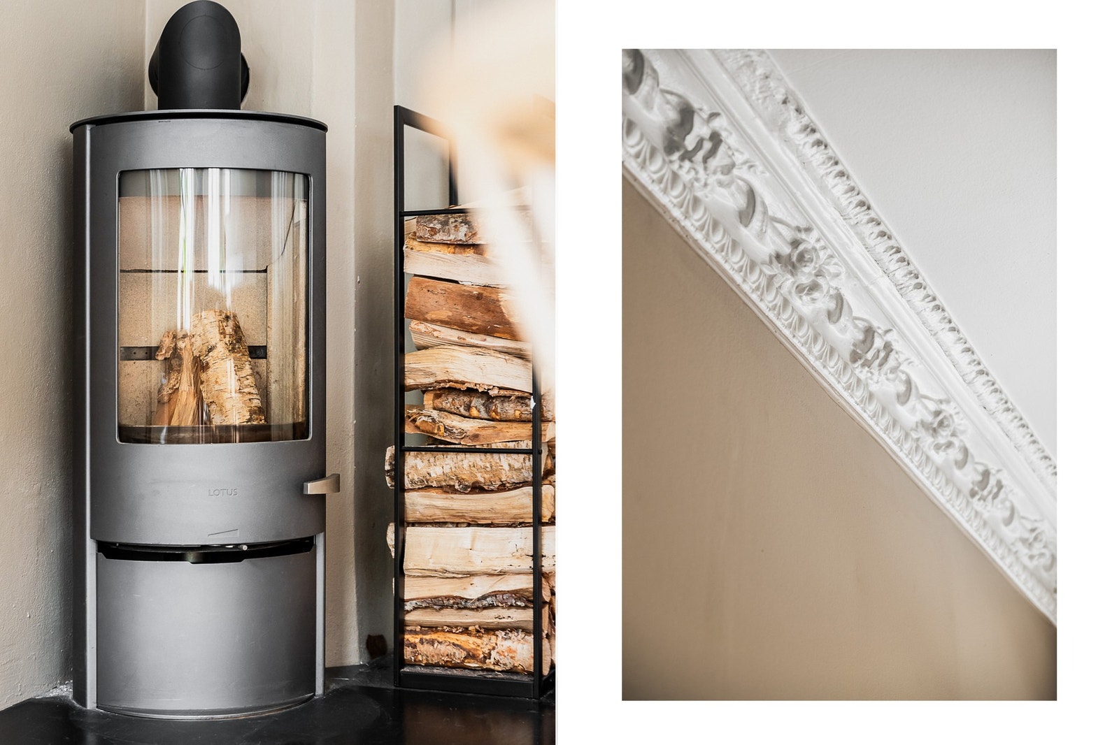 Leiligheten preges av klassiske detaljer som stukkatur og rosetter. Peisovn med stor glassflate plassert i hjørnet. Galleribilde