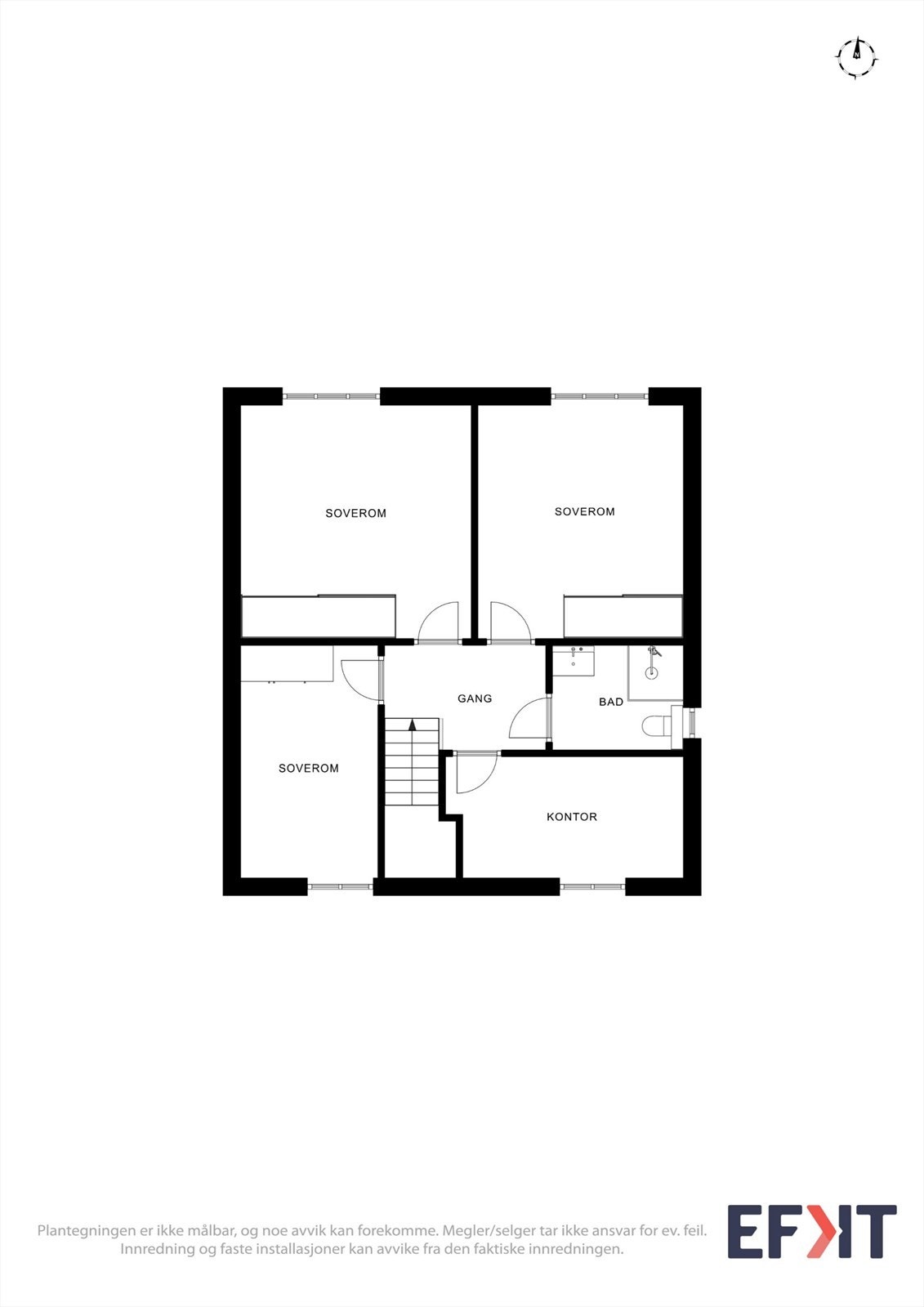 Andre etasje inneholder tre soverom, kontor og et bad. Galleribilde