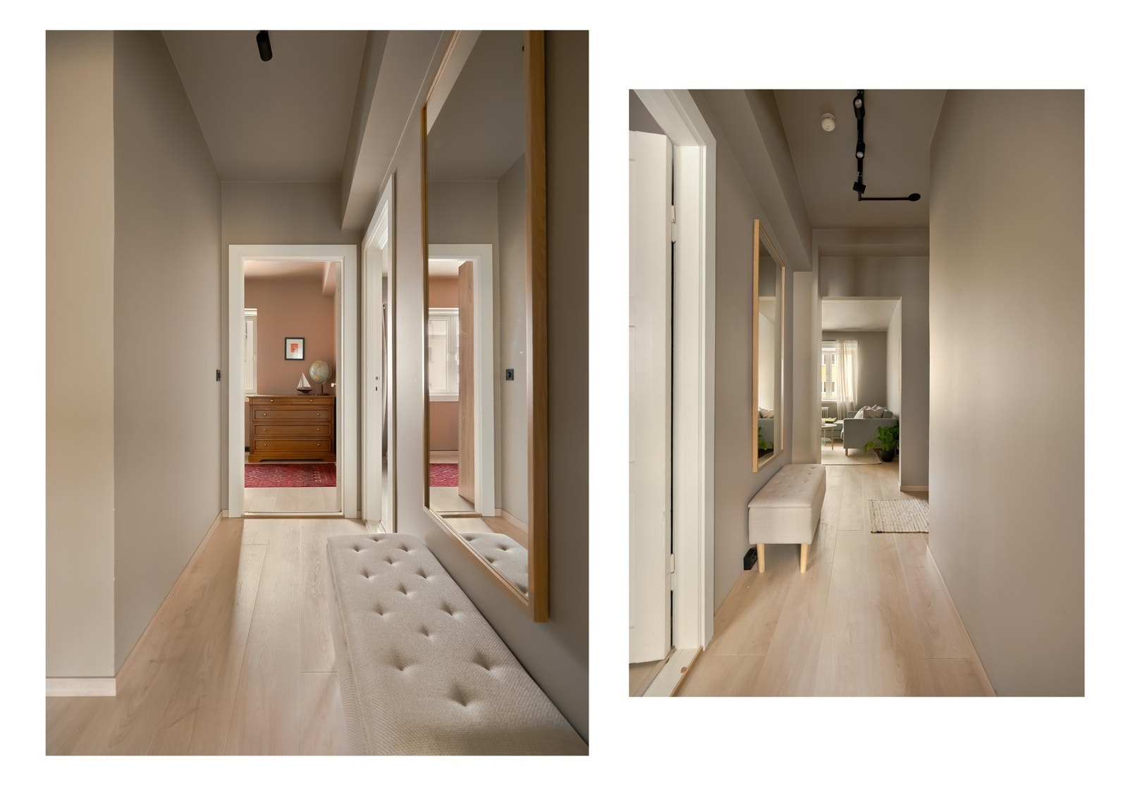 Gangen er et fint bindeledd mellom soverommene og den sosiale sonen. Fra entreen er inngangen til baderommet. Galleribilde