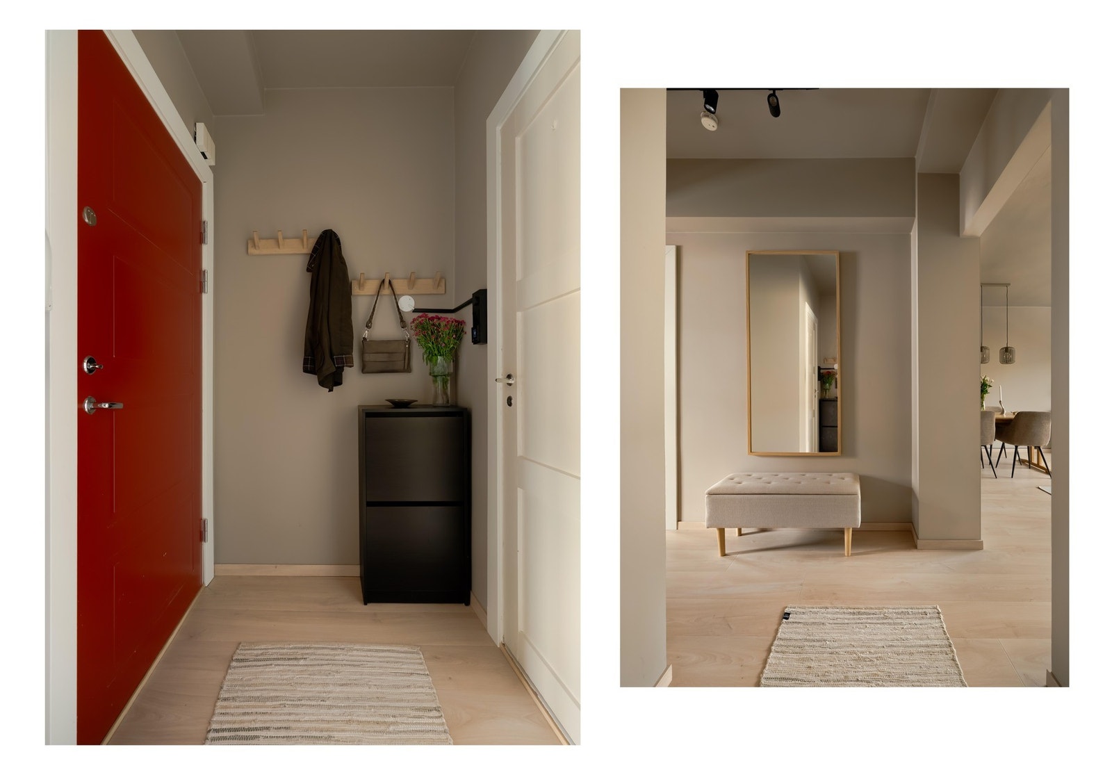 Entreen er romslig, med knagger til yttertøy og lagring i skoskap. Leiligheten disponerer også en kjellerbod på 4 kvm. Galleribilde