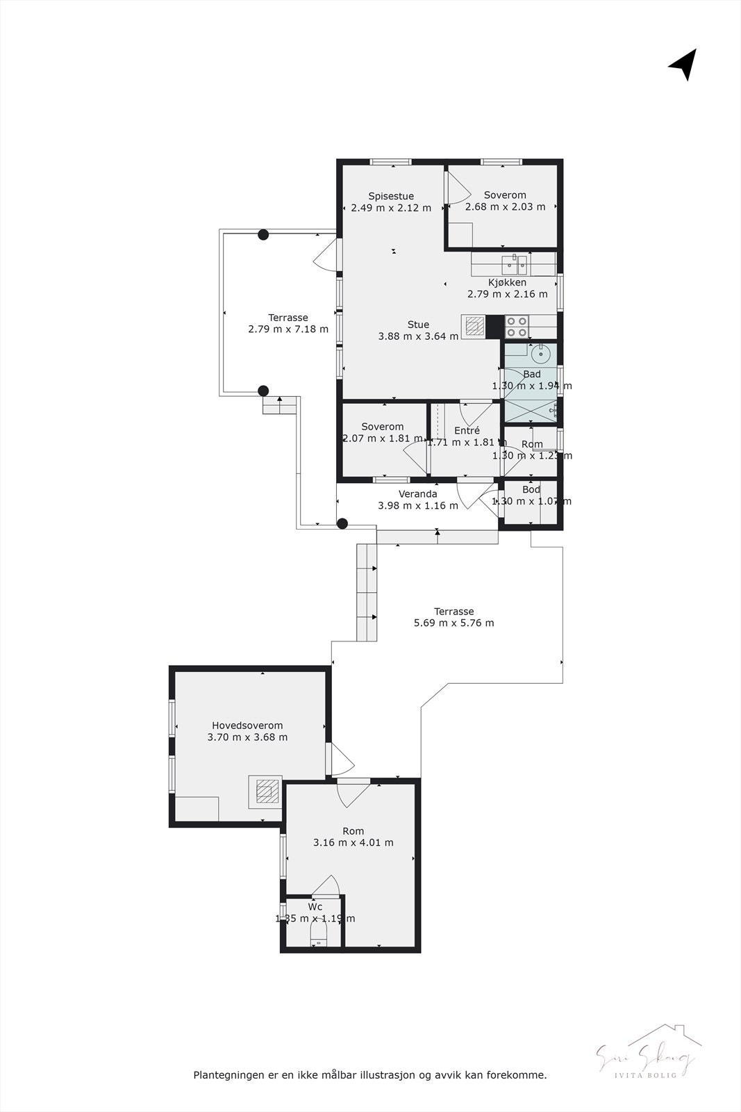 Plantegninger i 2D av hytten og anneks. Galleribilde
