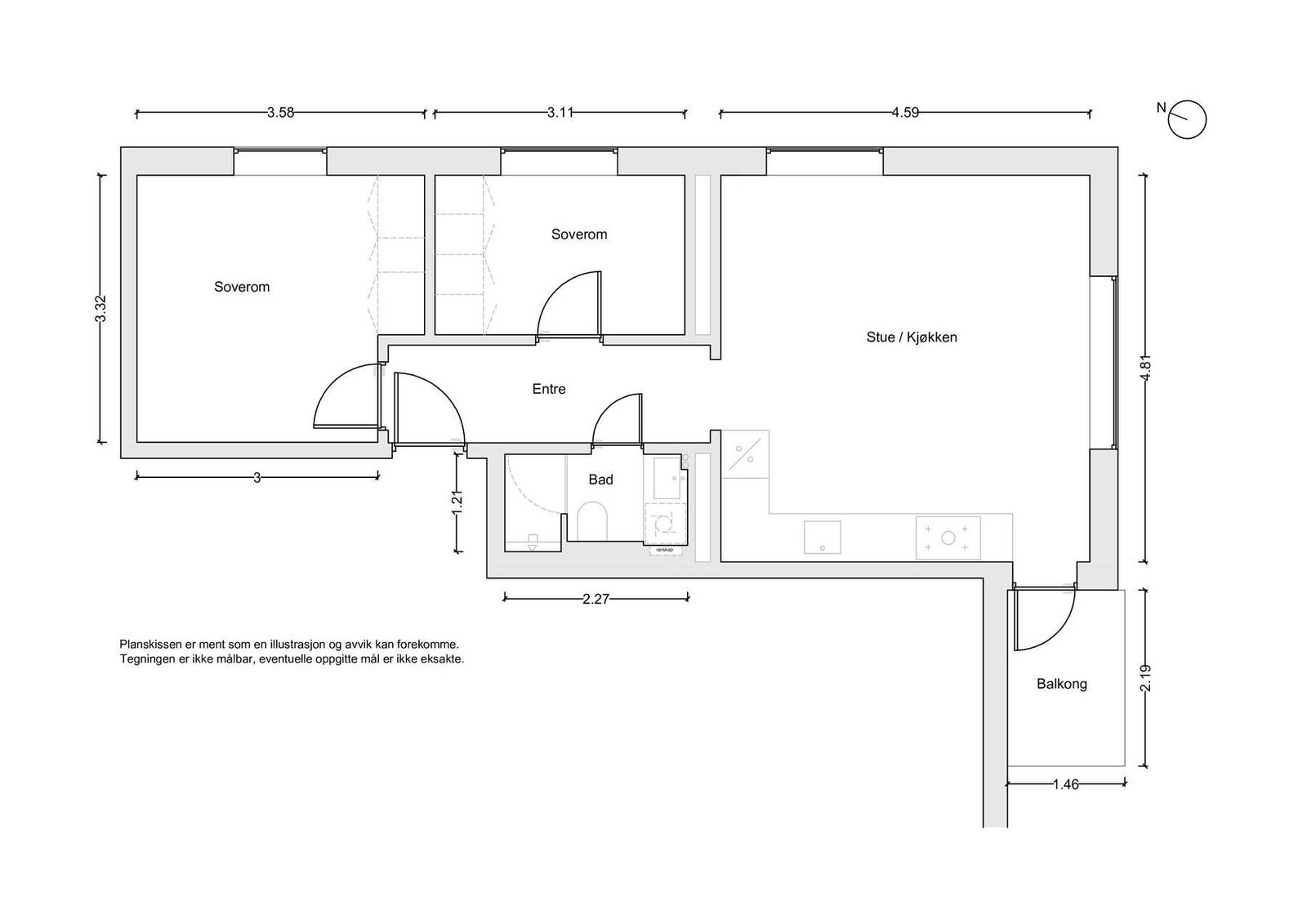 Plantegning. I tillegg disponerer leiligheten en loftsbod på ca. 10m² i gulvareal. Galleribilde