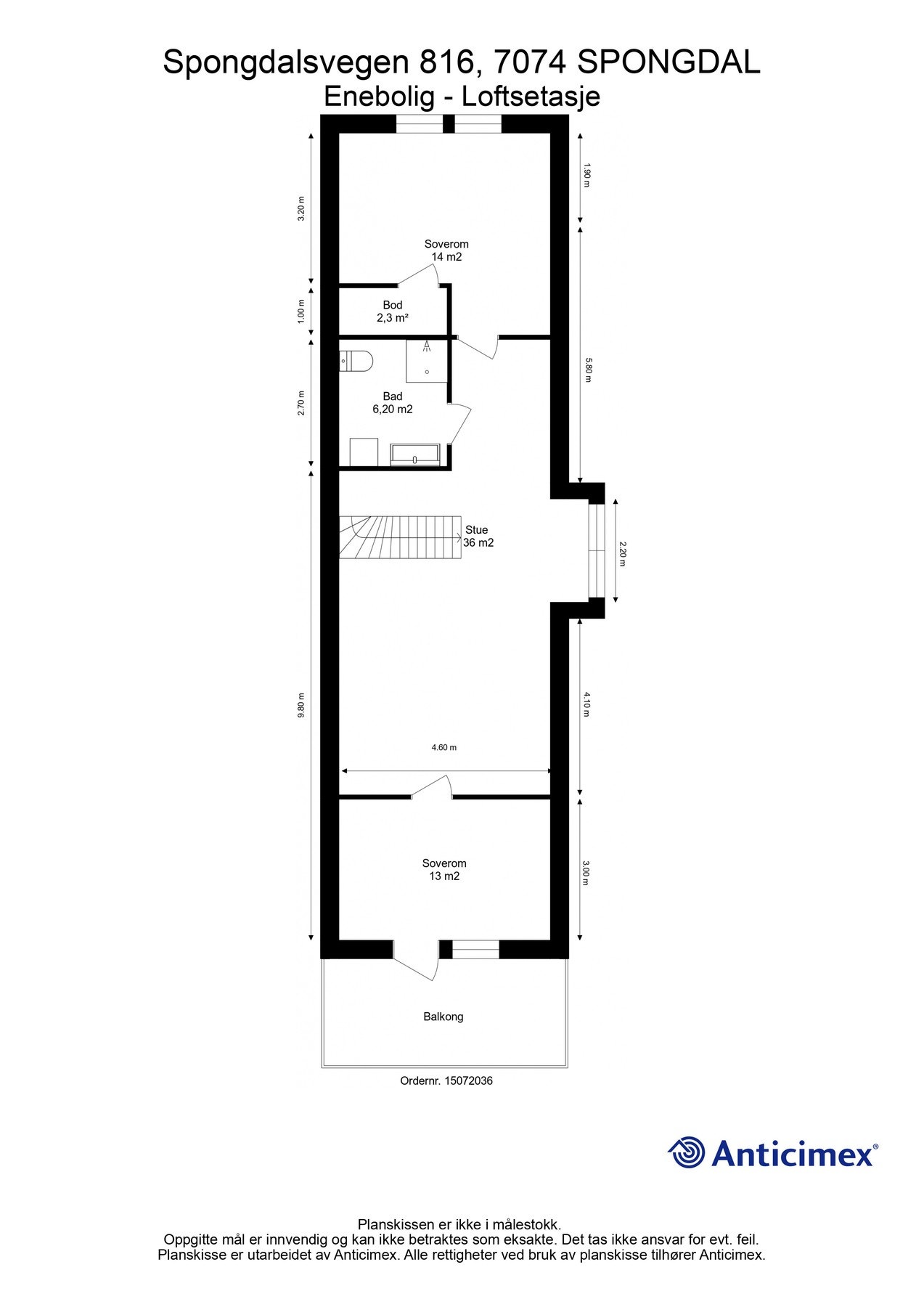 Planskisse 2. etasje. Etasjen inneholder stue, 2 soverom, bod og bad. Galleribilde