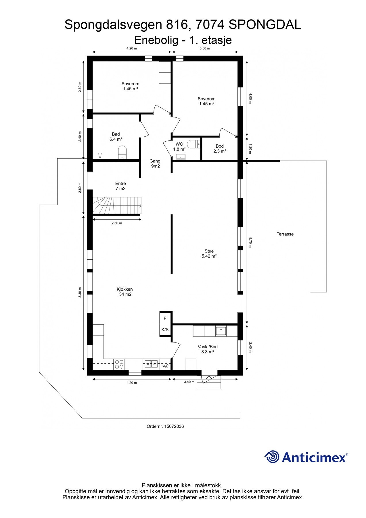 Planskisse 1. etasje. Etasjen inneholder stue, kjøkken, soverom med bod, soverom, vaskerom/ bod, entré, bod, wc og bad. Galleribilde