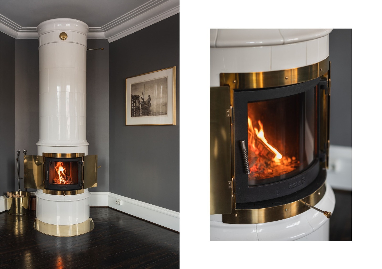 Den høyreiste kakkelovnen er montert av dagens eier og tilfører rommet en behagelig varme som varer. Galleribilde