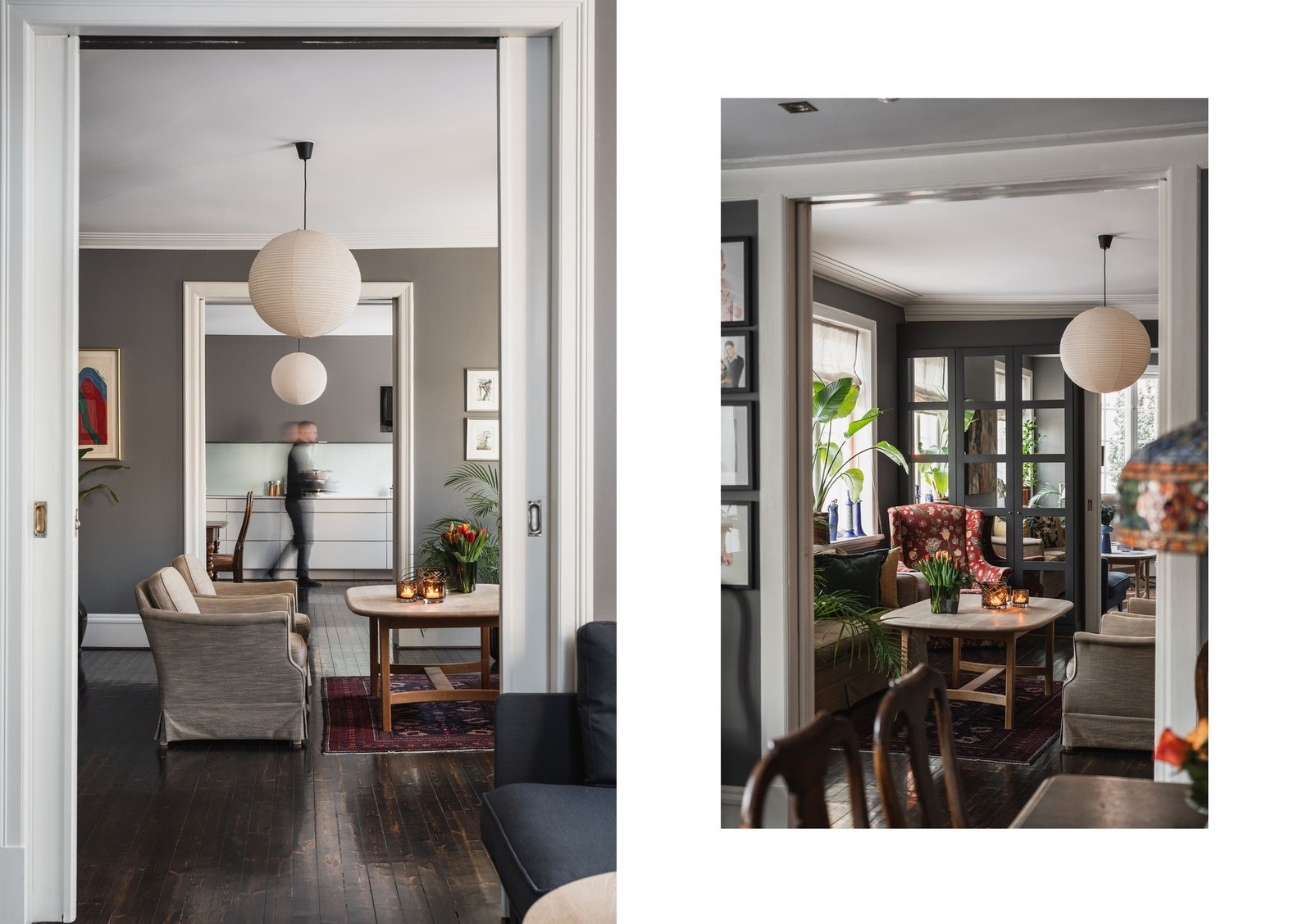 Enfilade med dybde og sammenheng: Nydelige interne siktlinjer med stuer og kjøkken på rad og rekke. Galleribilde