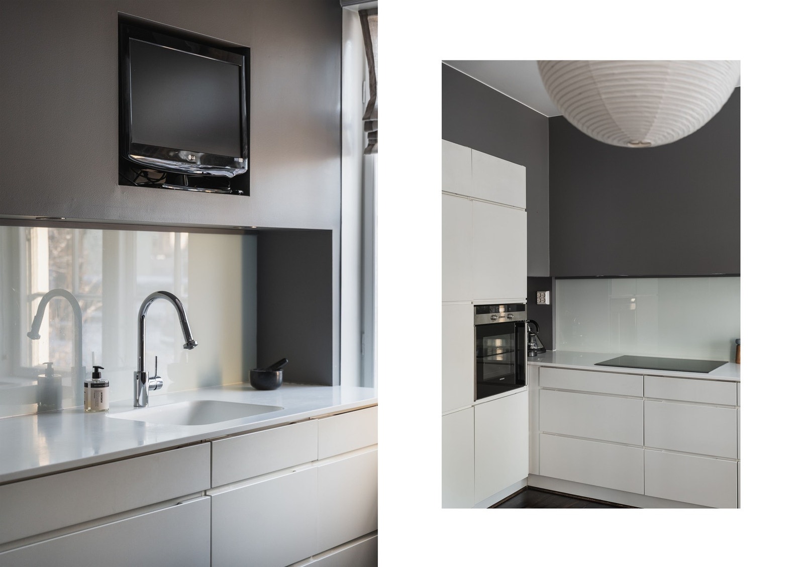 Kjøkkenet har integrert stekeovn, induksjonstopp, oppvaskmaskin og kjøl/frys samt en tynn, lys benkeplate i kompositt med integrert induksjonstopp. Galleribilde