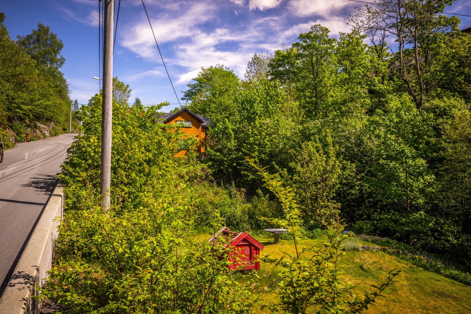 Relativt flat tomt, der selve tomten ligger omtrent én etasje lavere enn veien. Galleribilde
