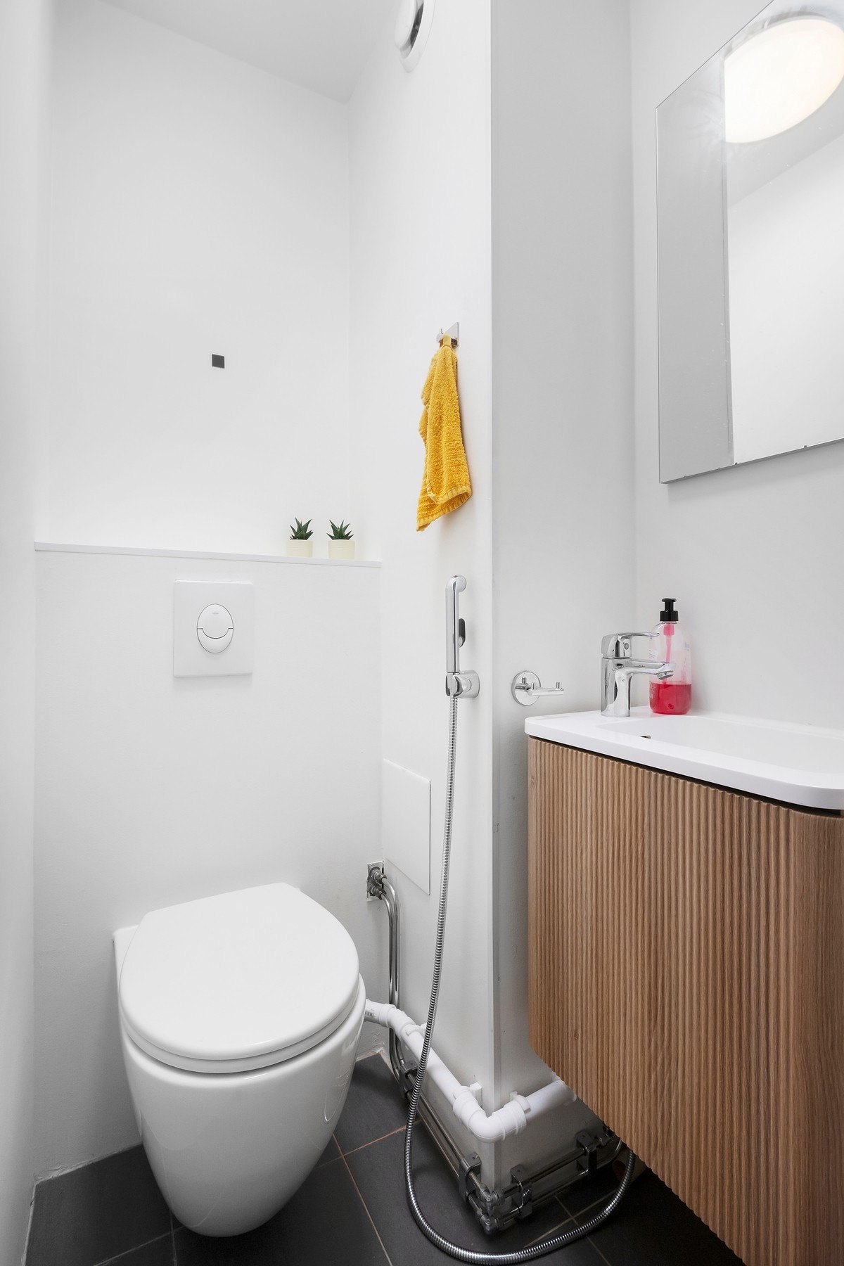 Et separat toalettrom gjør at det er enkelt å skille mellom gjester og den mer private sonen med tøyvask og annet. Galleribilde