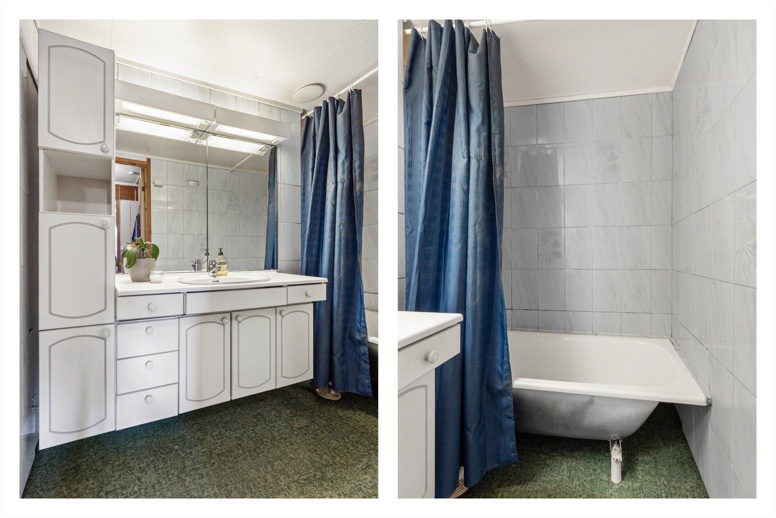 Badet er innredet med servant med innredning og badekar med forheng. Galleribilde